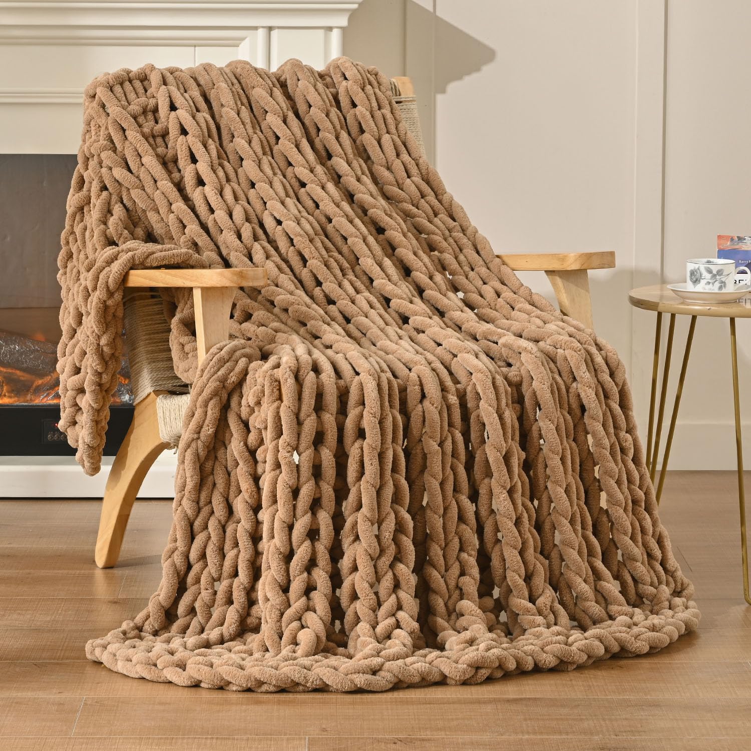 Chunky Knit Blanket Throw, 100% Handmade Chenille Throw Blanket 40"x50", Soft Thick Yarn Cable Knit Crochet Throw Blanket Rope Knot Throw for Couch Bed Sofa, Tannin