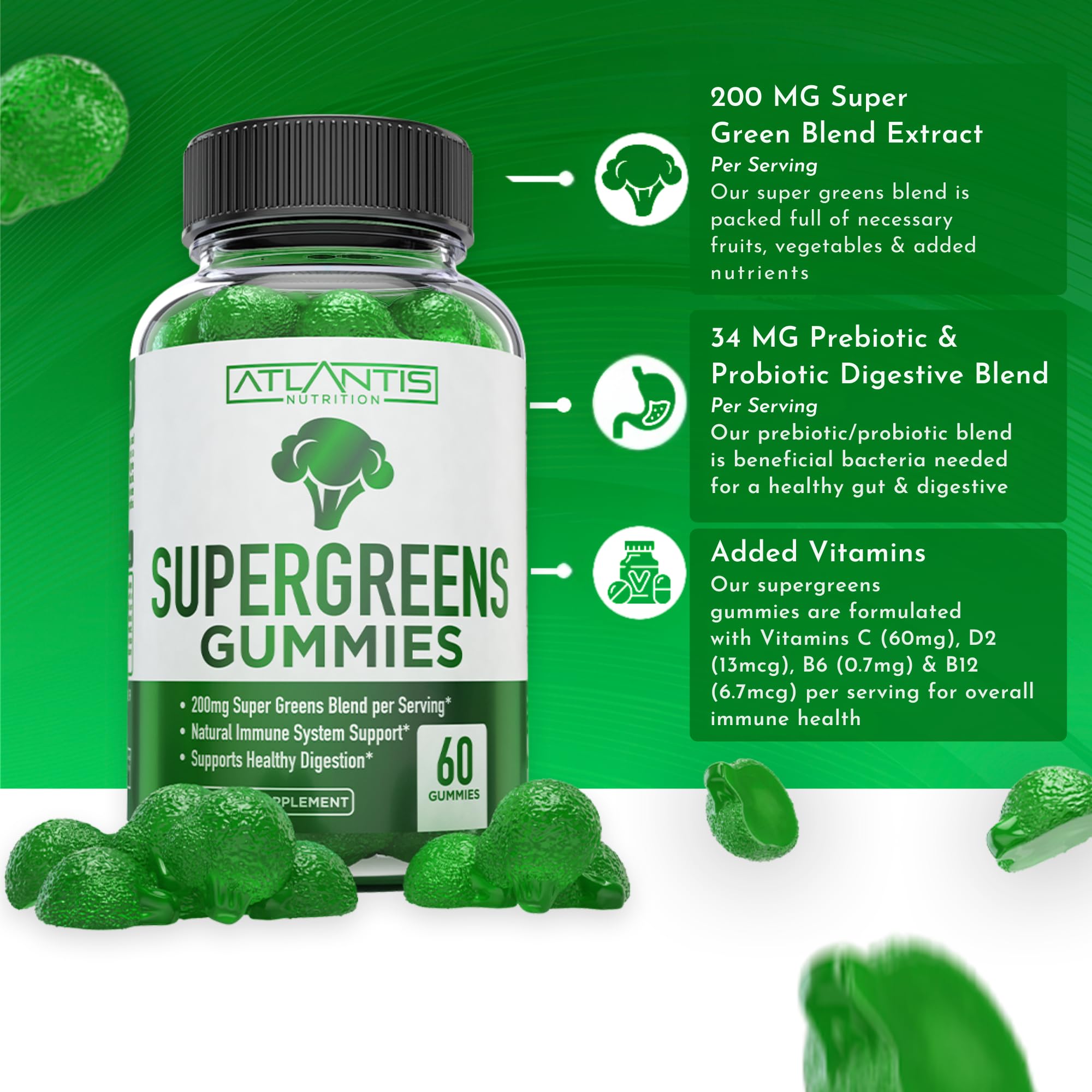 Atlantis Nutrition Supergreens Gummies - Daily Green Superfoods Supplement with Spinach, Broccoli, Moringa, Beet Root, Celery, Green Tea, & Acai for Immunity Support - Natural Raspberry Flavor, 60 cnt — Amazon image 3