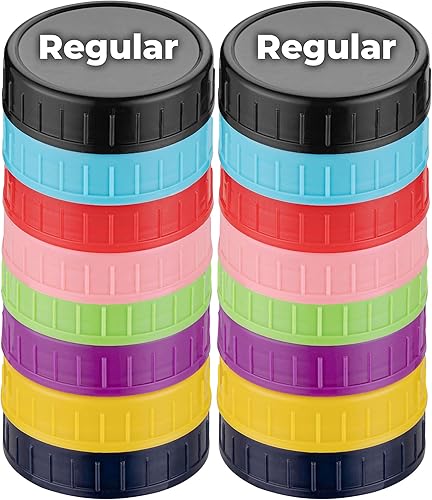 Tapas de plástico para conservas de tarros Mason (16 piezas de boca regular), tapas de almacenamiento reutilizables con anillos de sellado de