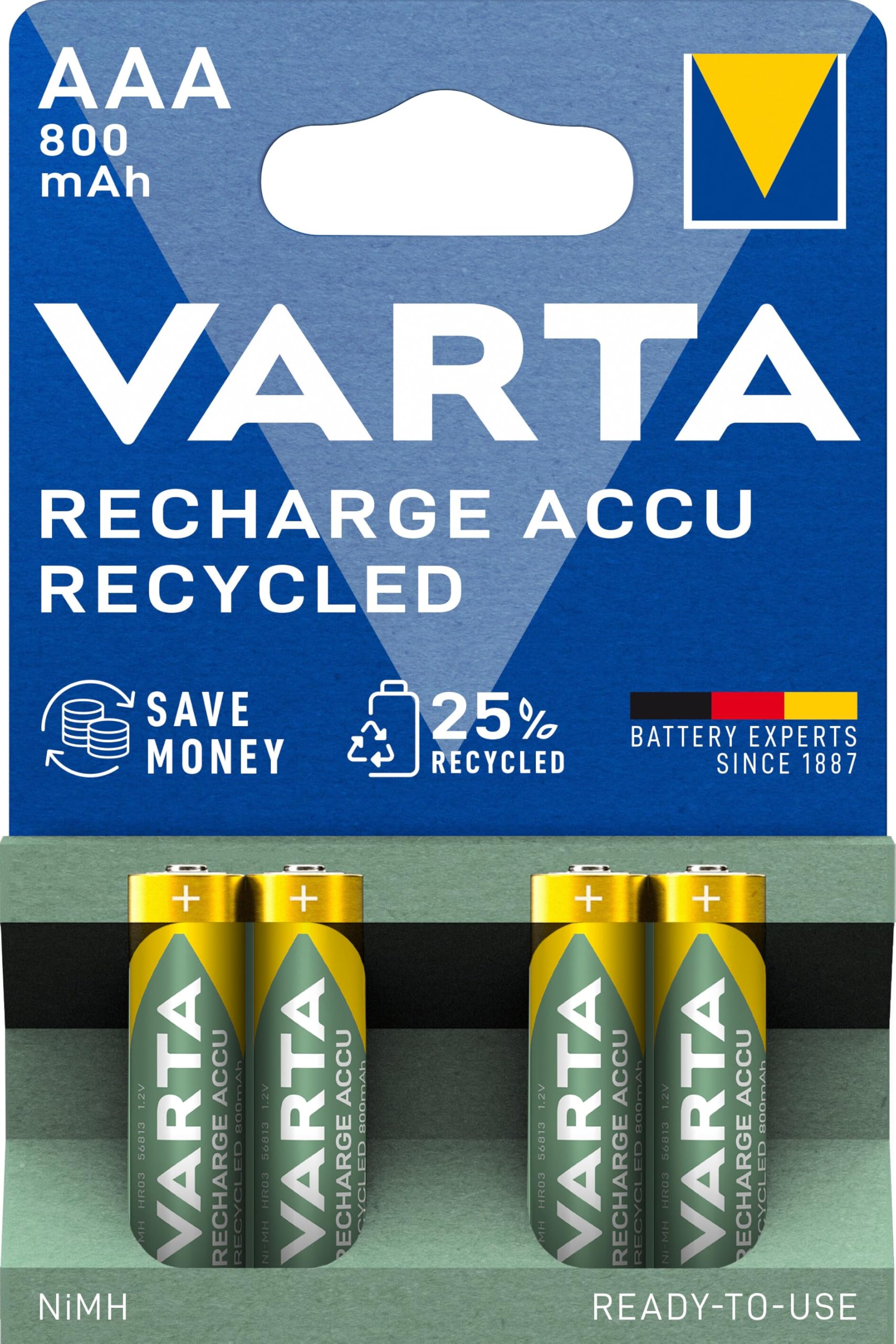 Varta 56813101404 Recycled AAA Rechargeable Batteries 800mAh NiMH 4pc