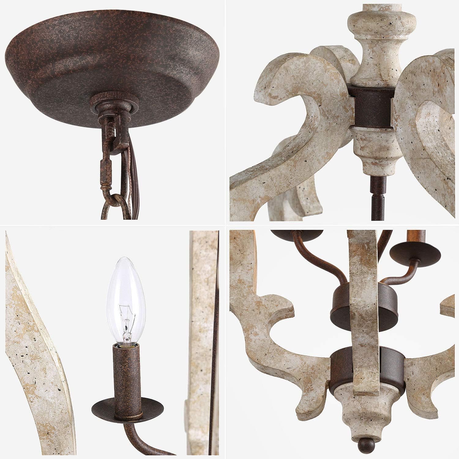 Buy 2 get 3 KSANA Farmhouse Chandelier for Dining Room, Wood Chandelier for Foyer, Kitchen Island, Distressed White Finish, 3-Light, 16.5 W x 29” H