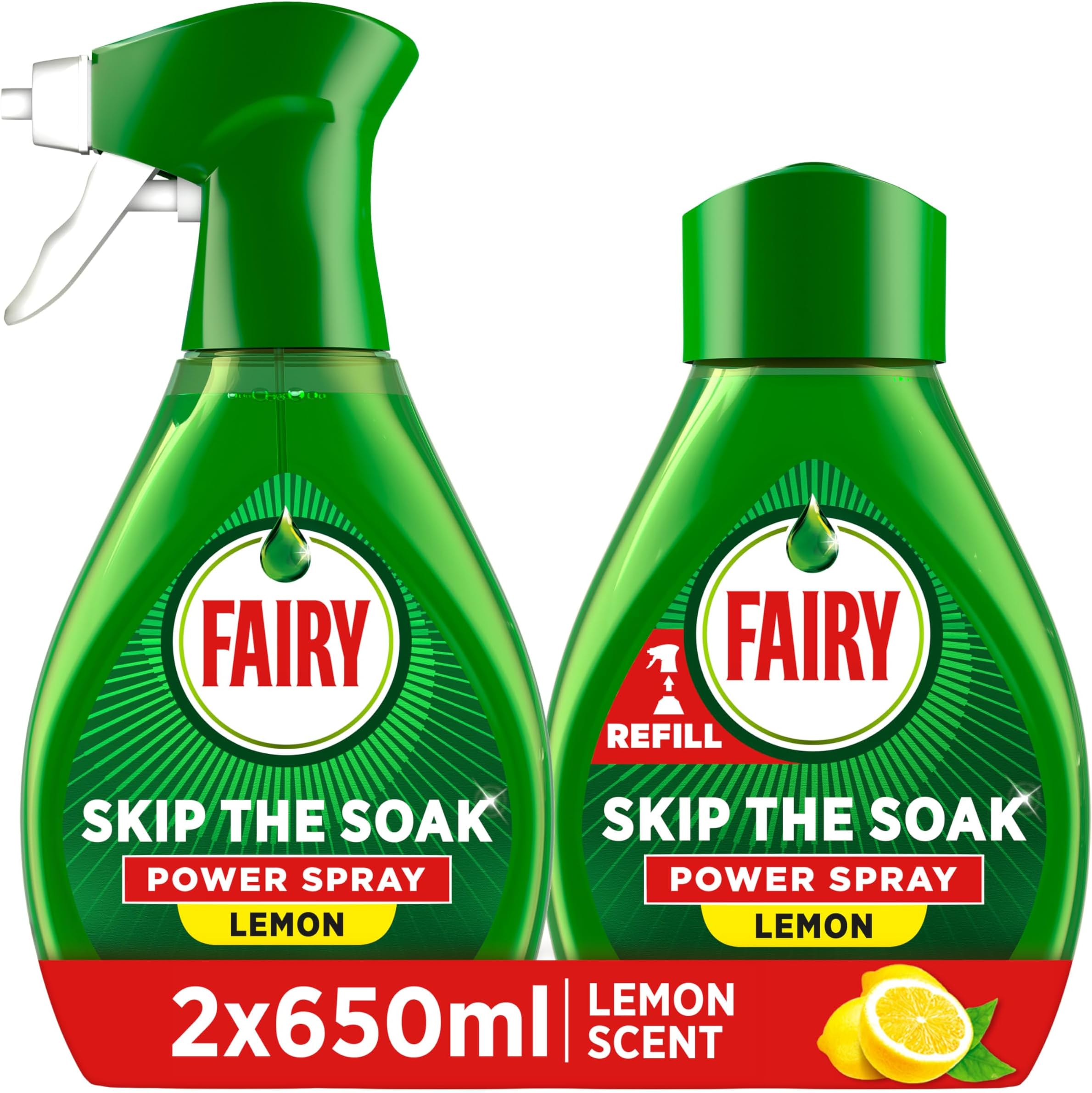 Fairy Skip the Soak Dish Spray Kit, Lemon, 1.3L (650ml Spray + Refill), 100% Grease Removal for Dishes & Surfaces