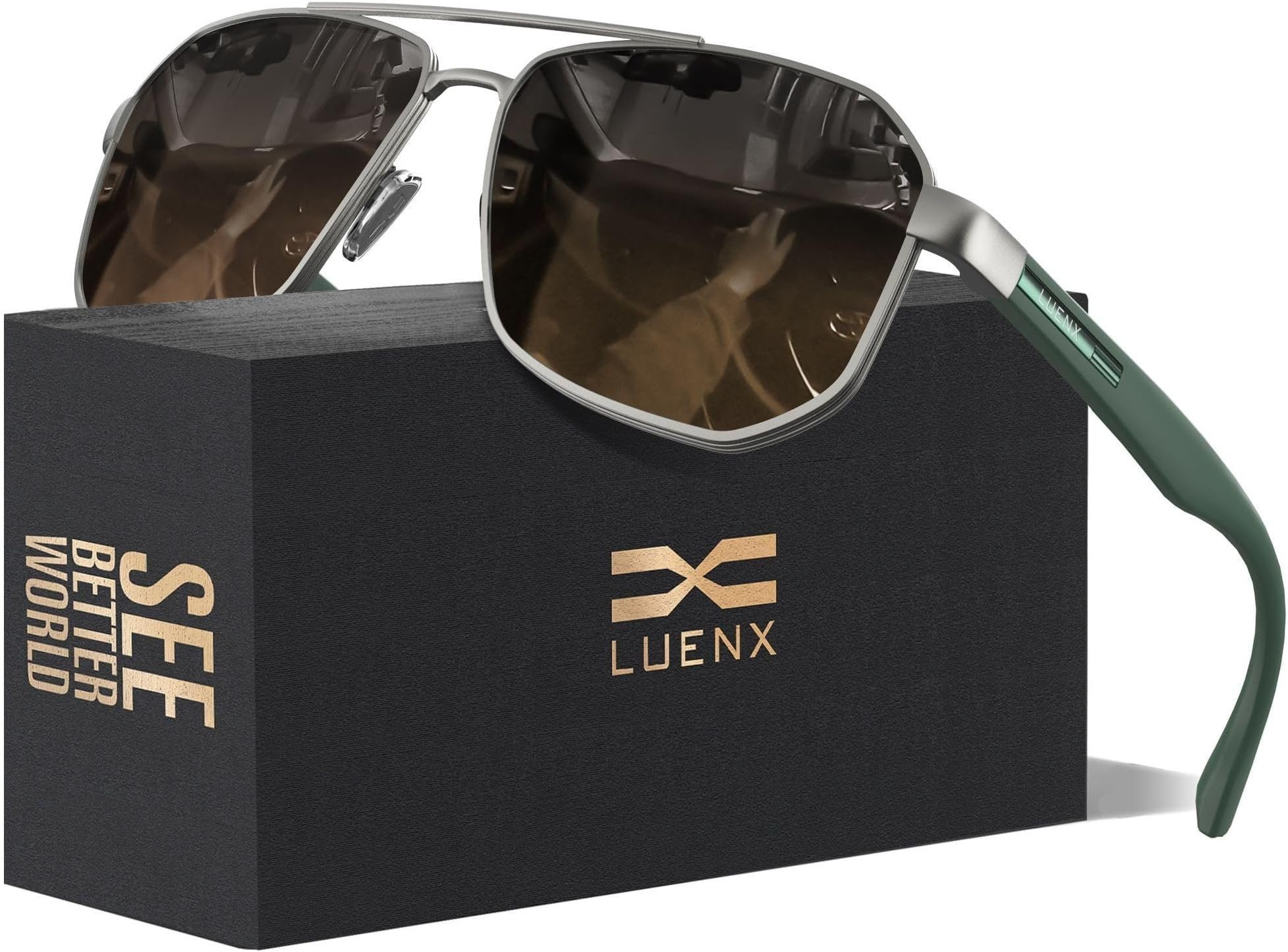 Aviator Sunglasses for Men Square Polarized Polygon Lens - UV 400 Protection with Accessories