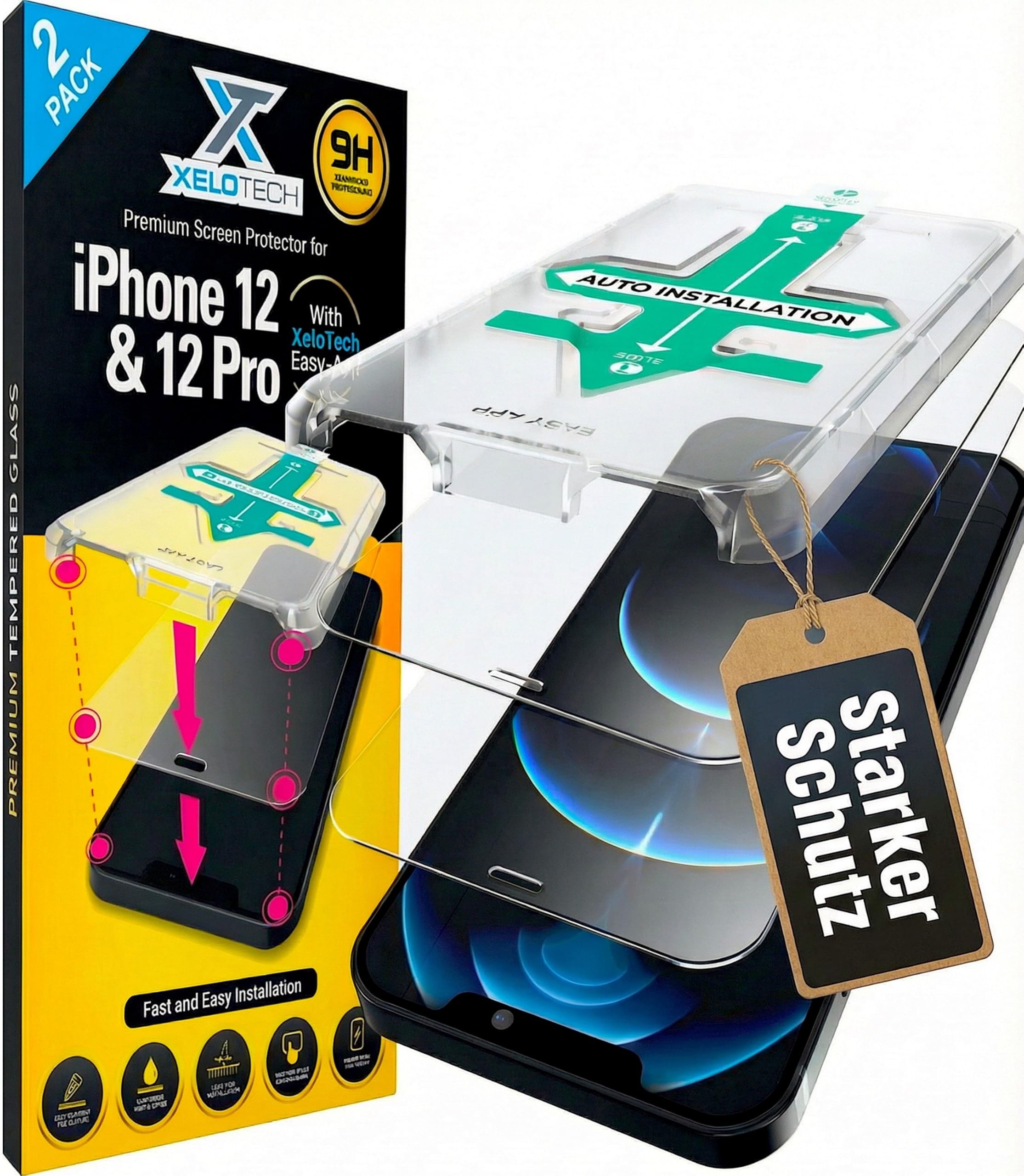 XeloTech DE Schutzglas für iPhone 12 & 12 PRO - Aus Premium-Panzerglas - Automatische Ausrichtung 2 Gläser, Extra Hart 9H+