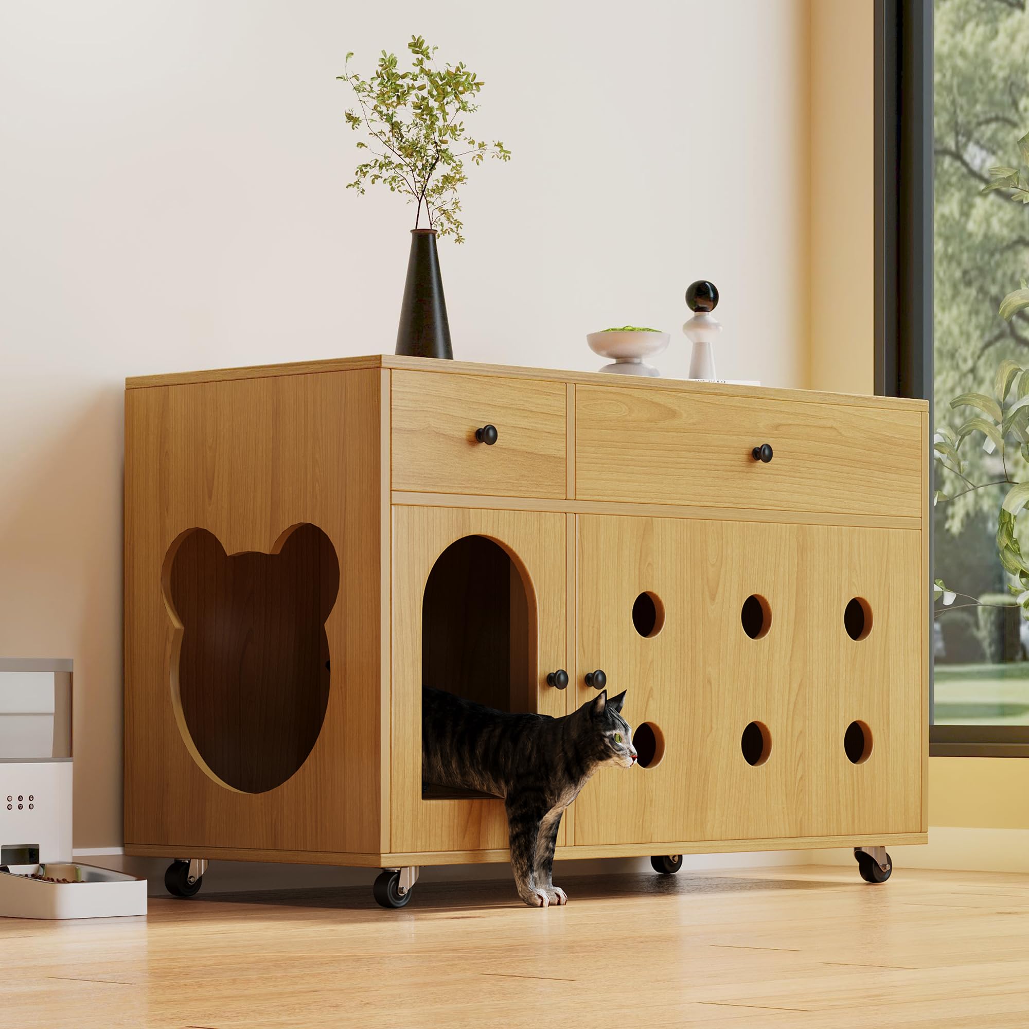 SUKY Mobile Lettiera per Gatti in Legno con Ruote, Nascondiglio per Lettiera del Gatto Mobile, Mobile Multifunzionale Nascondi Lettiera, Mobiletto Multiuso per Ingresso e Soggiorno