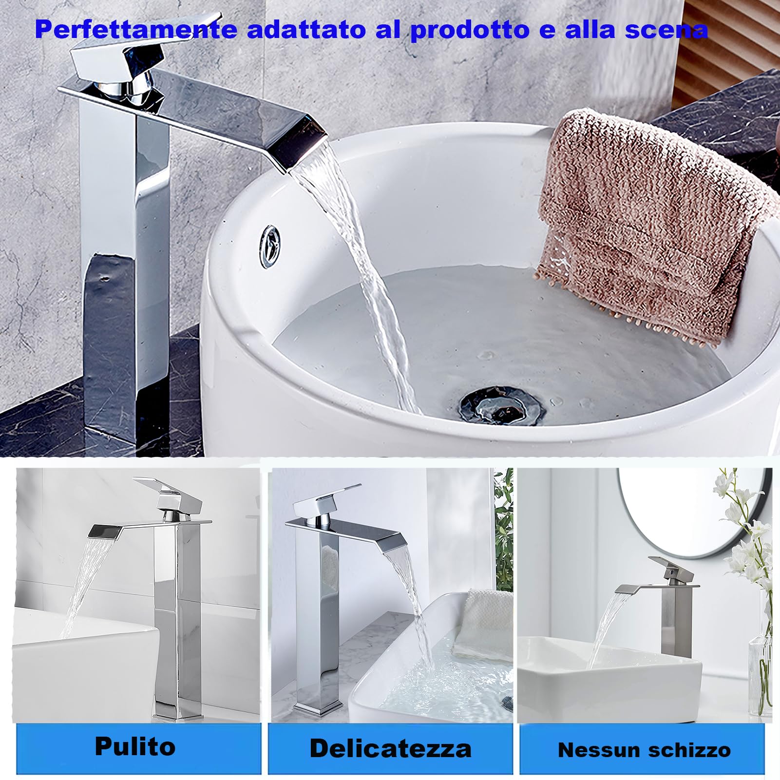 XWIHTR Rubinetto a cascata per bagno, rubinetto per lavabo a una maniglia, risparmio idrico, rubinetto per lavabo, bocca calda e fredda, rubinetto per bagno in acciaio inox e ottone(cromo-h)