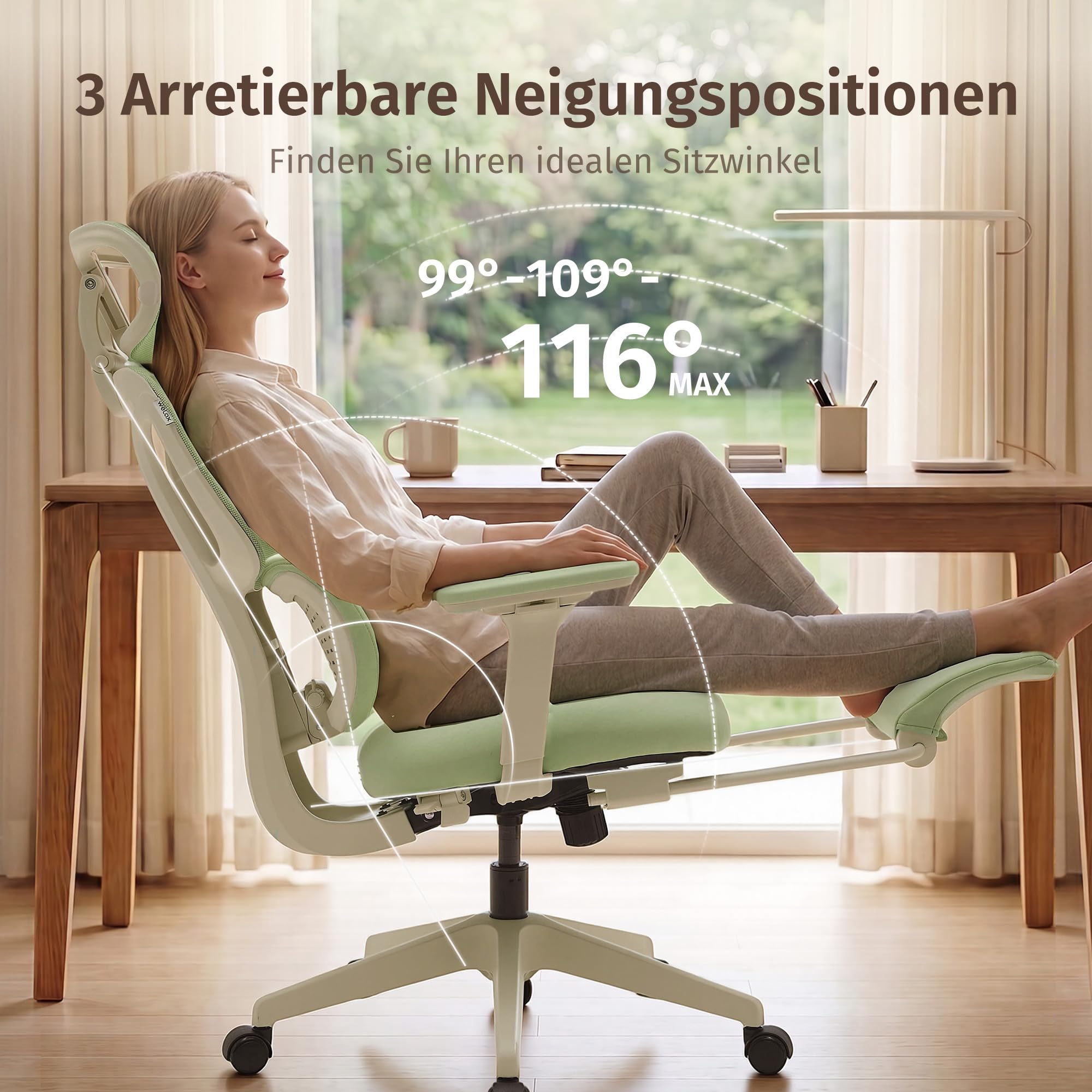 WELAX S3 Pro Ergonomischer Bürostuhl mit Netzbezug, Fußstütze und Verstellbarer Kopfstütze – Hochlehniger Schreibtischstuhl mit Lendenwirbelstütze für Homeoffice, Computer und Gaming, Grün
