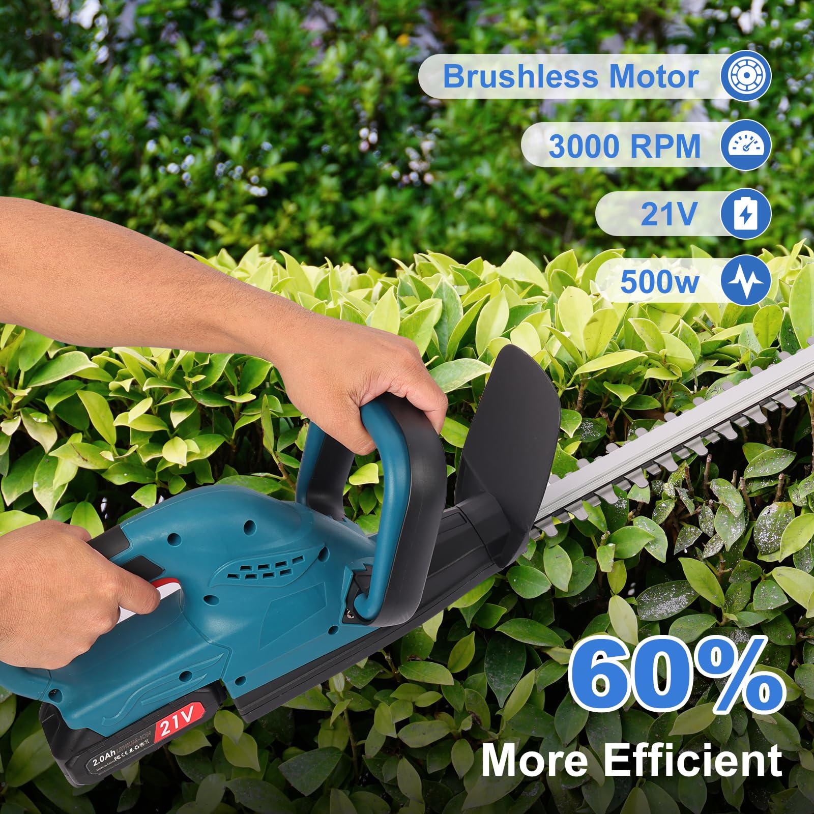 Cortasetos Bateria,Corta Setos Jardin Electrico con 2x2000 mAh Batería,Motor sin Escobillas, Longitud de Cuchilla de 48 cm, Velocidad de 3000 RPM, Apto para Desherbar, Podar Arboles y Arbustos