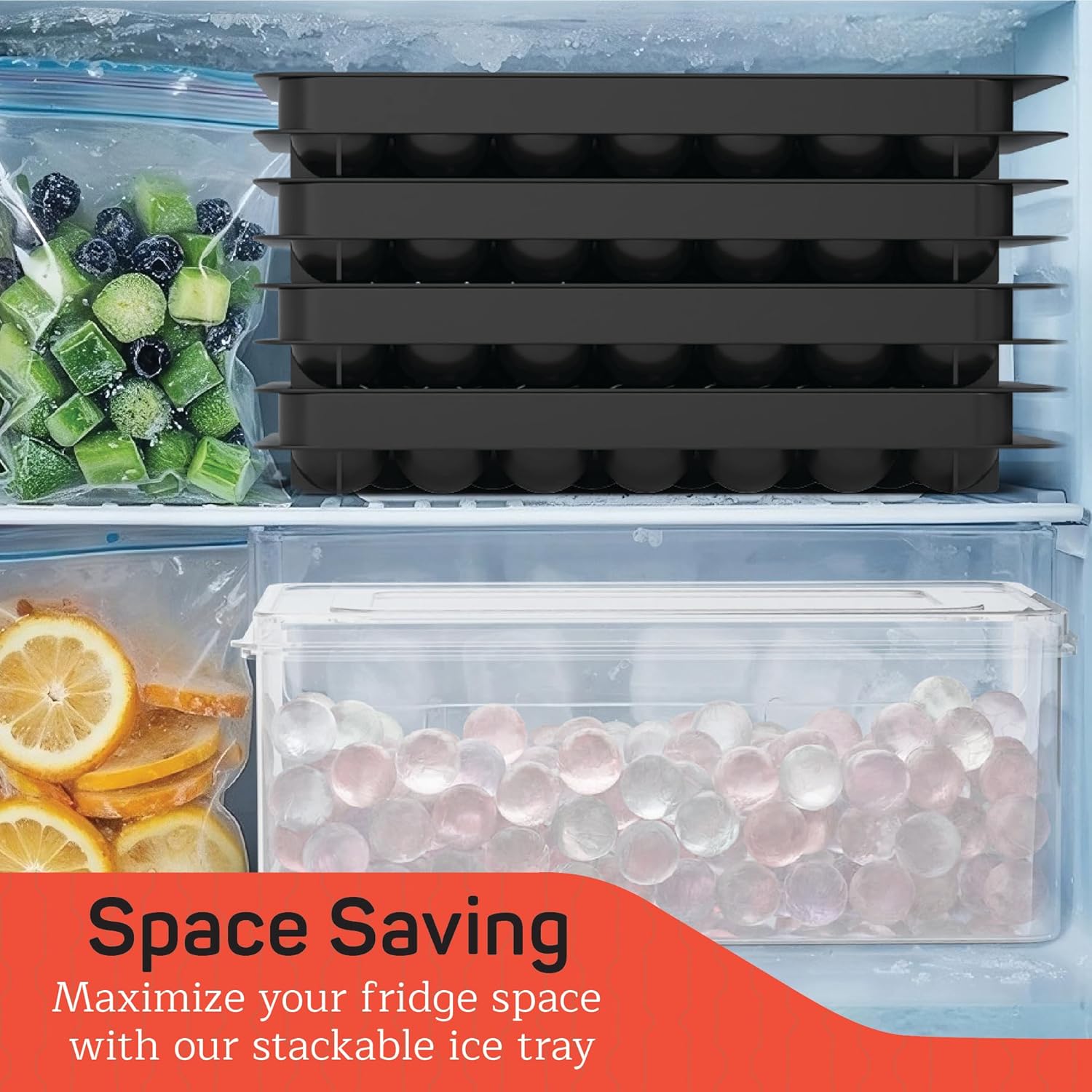 Emporio Kitchen Round Ice Cube Tray Set Pack of 4, BPA-Free Stackable Trays with Lid & Tongs, 33 Ice Balls Per Tray for Whiskey, Drinks, and Cocktails, Quick Release Round Ice Cube Mold, Black