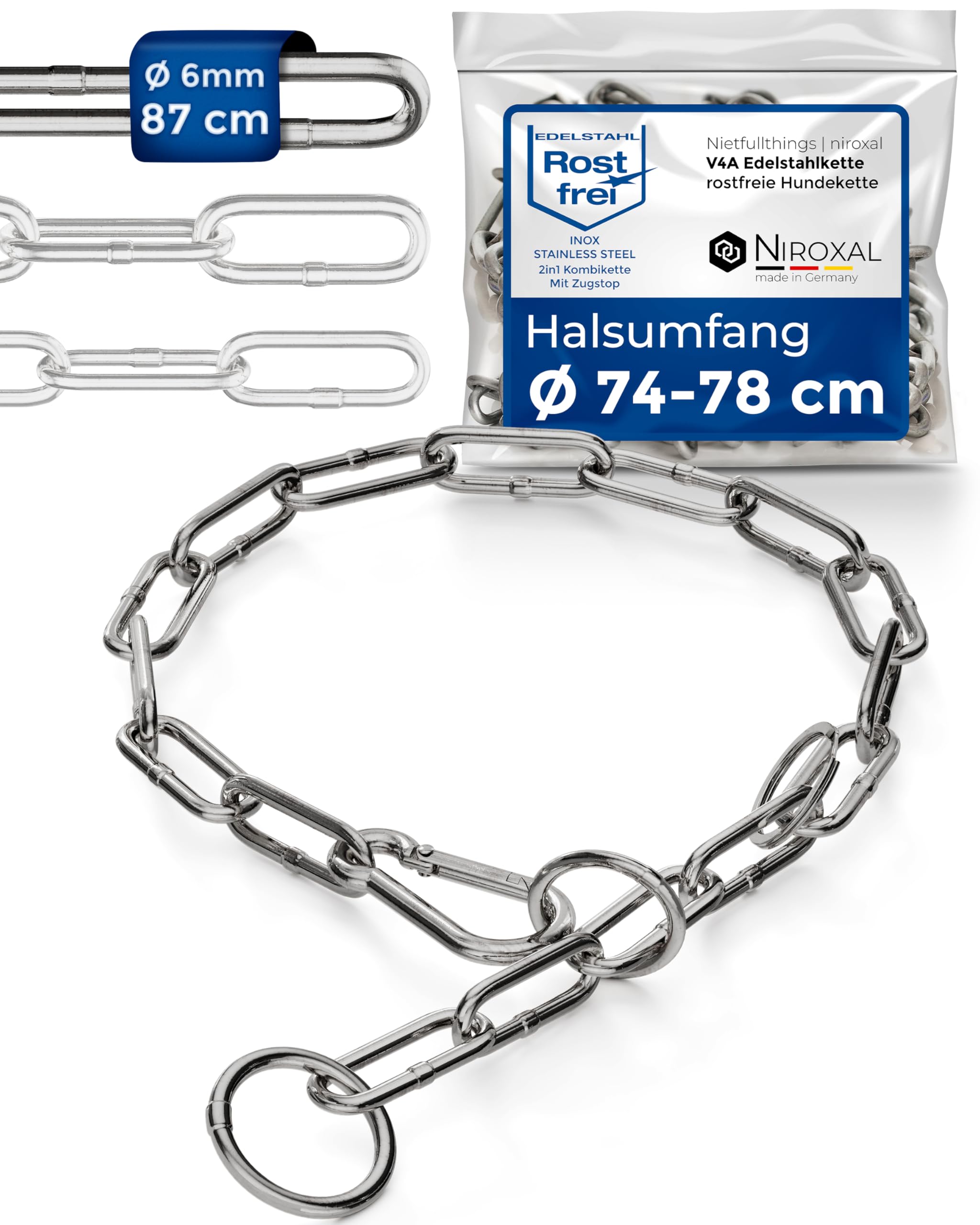 Kombikette für Hunde mit Halsumfang 74-78 cm aus Edelstahl V4A Hundekette mit Zugstop Kettenhalsband langgliedrig 6mm dick und 87 cm Gesamtlänge