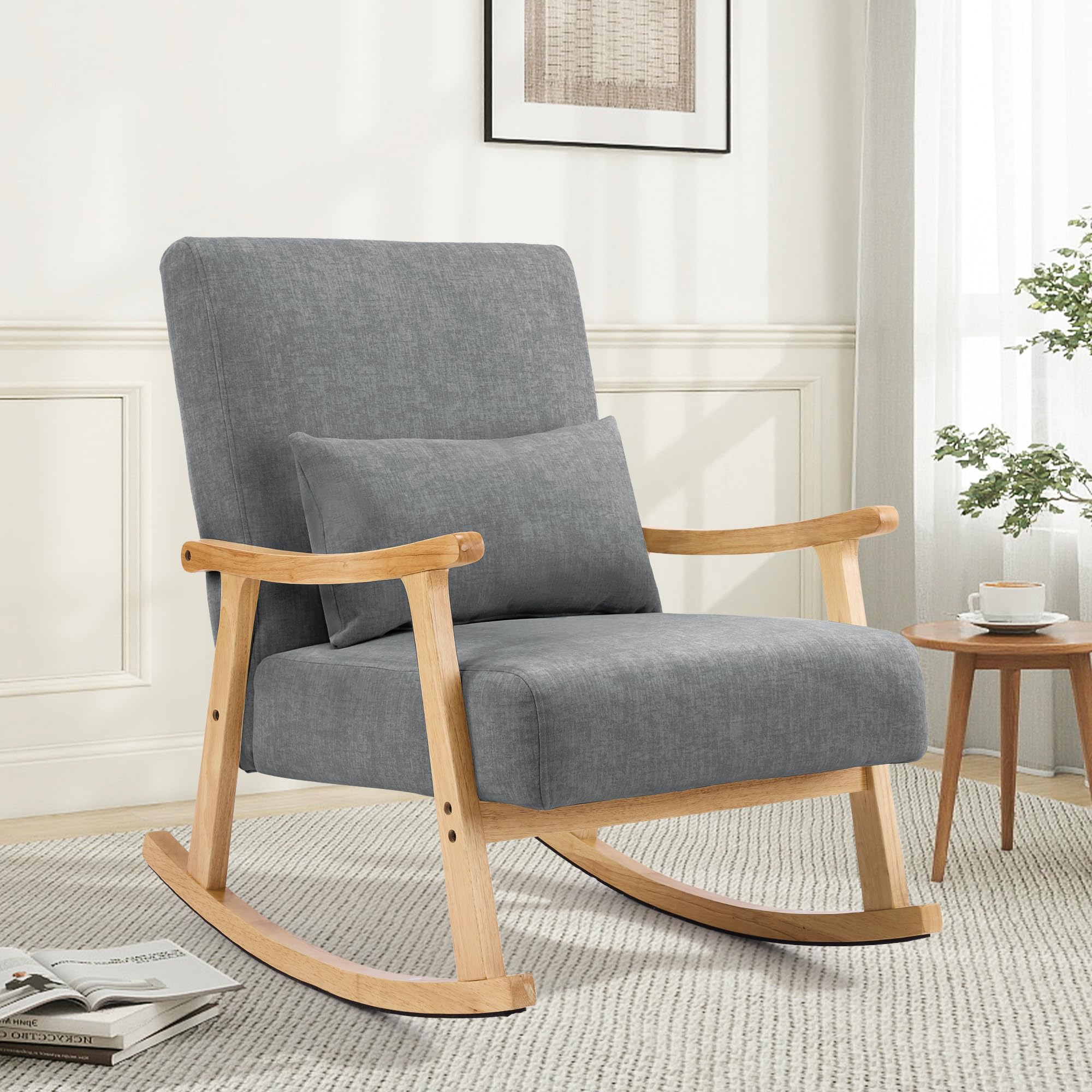 Aunekiv Rocking Chair Modern Upholstered Glider Rocker Chairs with Wood Legs Armchair for Small Spaces Indoor Living Room Bedroom, Darkgrey