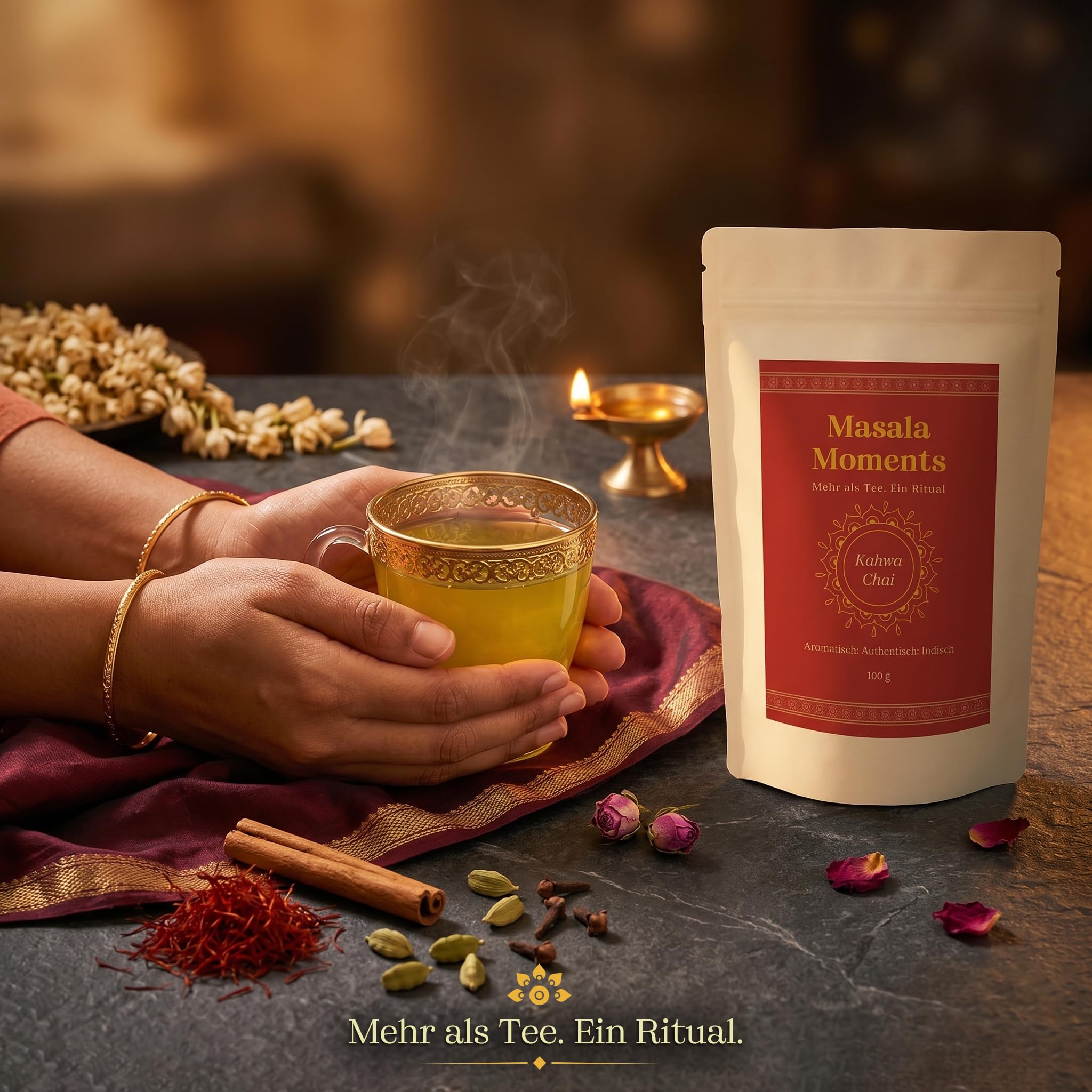 MASALA MOMENTS Kahwa Chai (100 g) – Kashmir Grüntee mit Safran & Rosenknospen | Leicht & aromatisch | Ohne künstliche Aromen | Traditioneller Gewürztee | Bis zu 35 Tassen