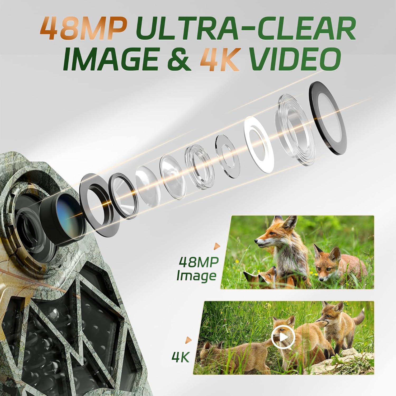 Solar Trail Camera WiFi-Trail Camera with 10000mAh Rechargeable Battery Pack 4K 64MP Game Cameras with Night Vision IP66 Waterproof 120° Detection Angle 0.2s Trigger 940nm No Glow LED Wildlife