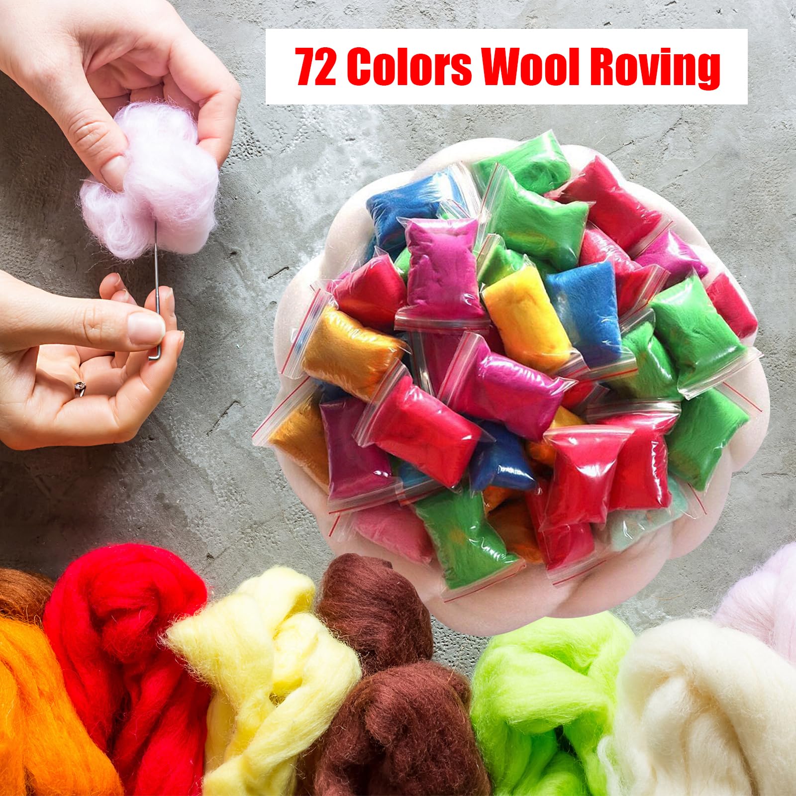 selliner Juego de 72 colores de fieltro punzonado, lana de fieltro roving, kit de inicio con agujas de fieltro, herramientas básicas y accesorios, material de hilado a mano de fibra de lana para