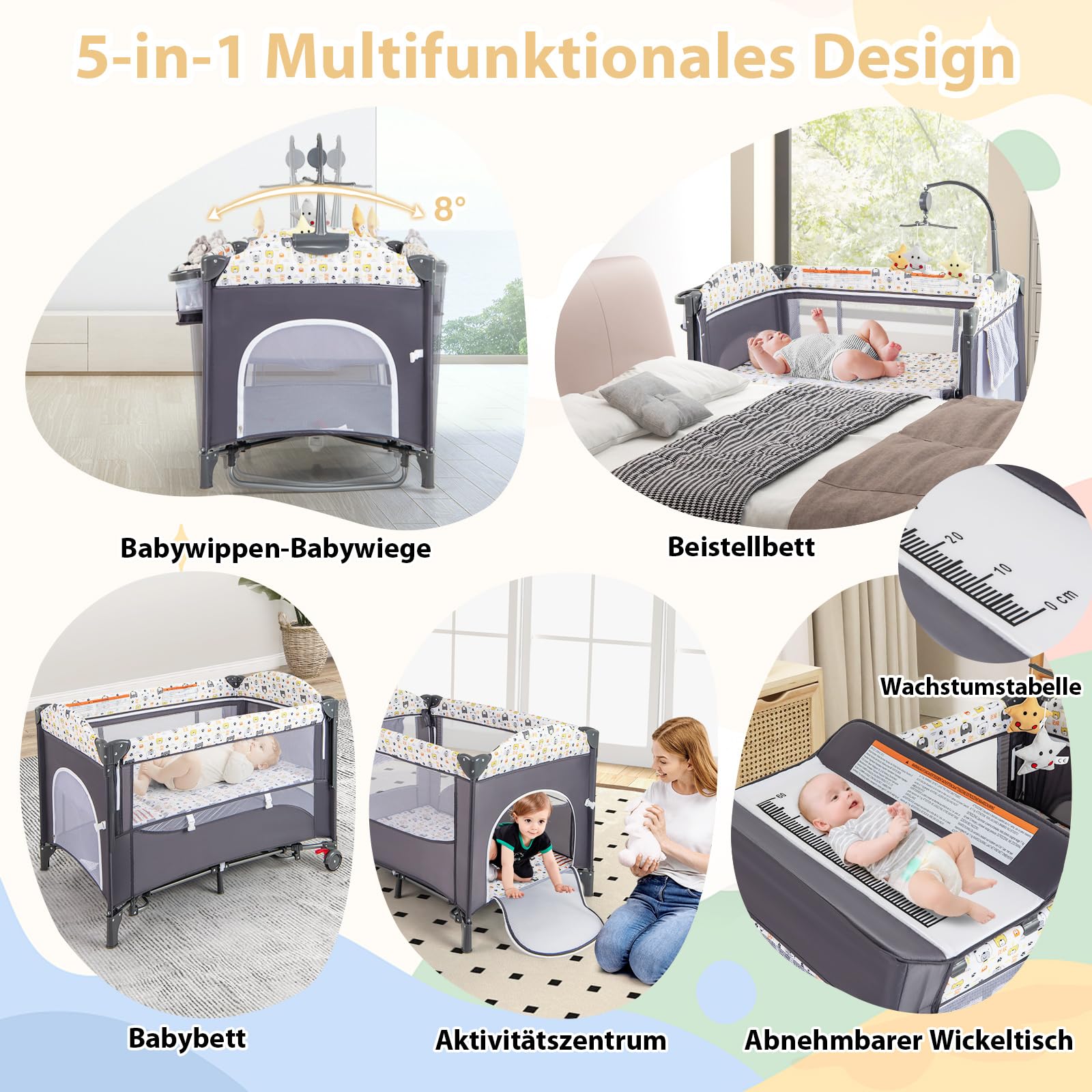 DREAMADE Reisebett mit Matratze, 5 in 1 Beistellbett Baby mit Rollen & Wickelauflage & Spieluhr, 110×76cm Babybett mit Tragetasche, für Neugeborene & Baby (Bunt)