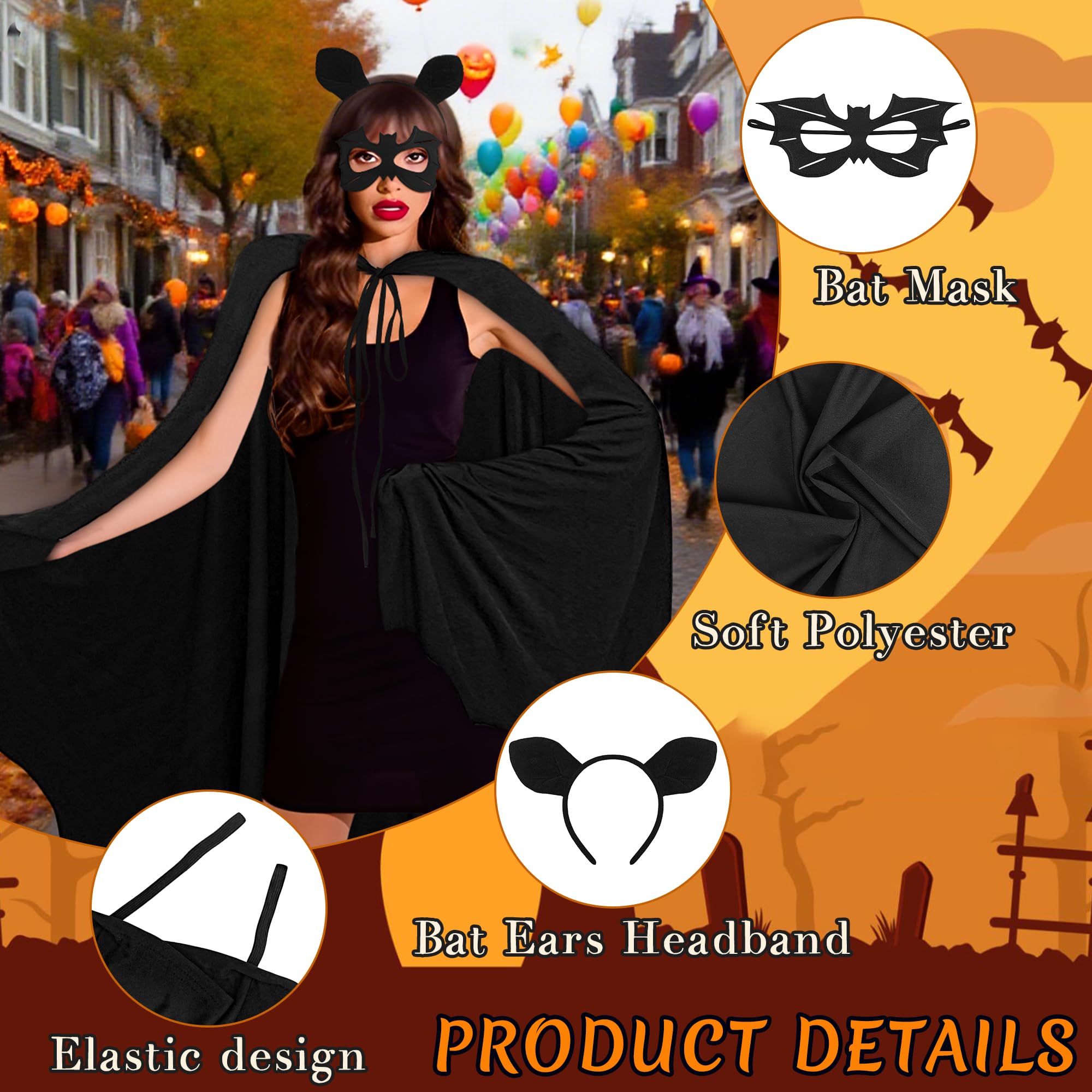 Ueyben Bat Costume, Bat Wings Cloak Cape Bats Onesie with Bats Ears Headband Mask Vampire Dragon Costume for Women Men for Halloween - Image 3