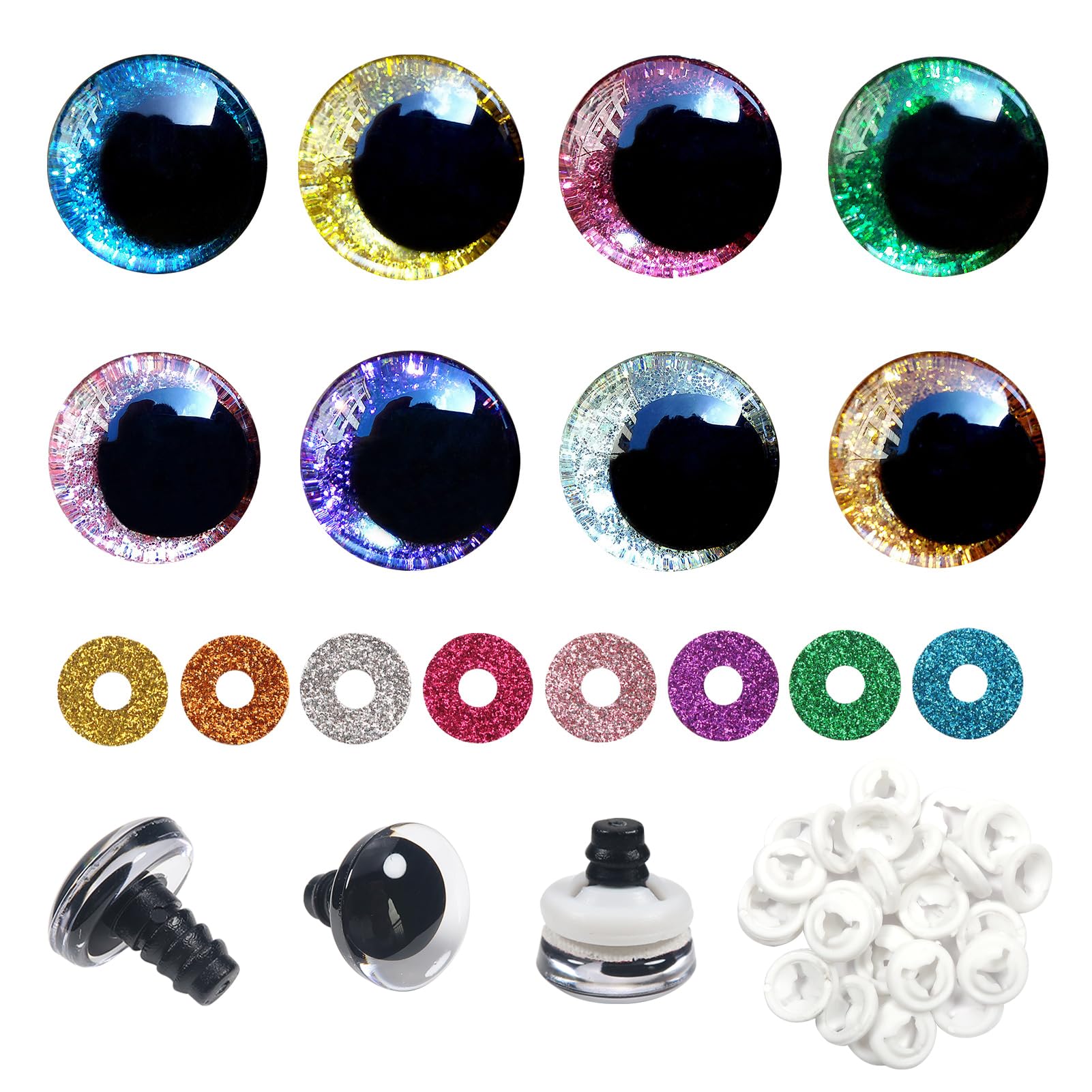TOAOB 32 Sets Glitter Safety Eyes 16mm Large Plastic Coloured Crochet Eyes with Washers for Amigurumi Craft Making DIY Puppet Animals
