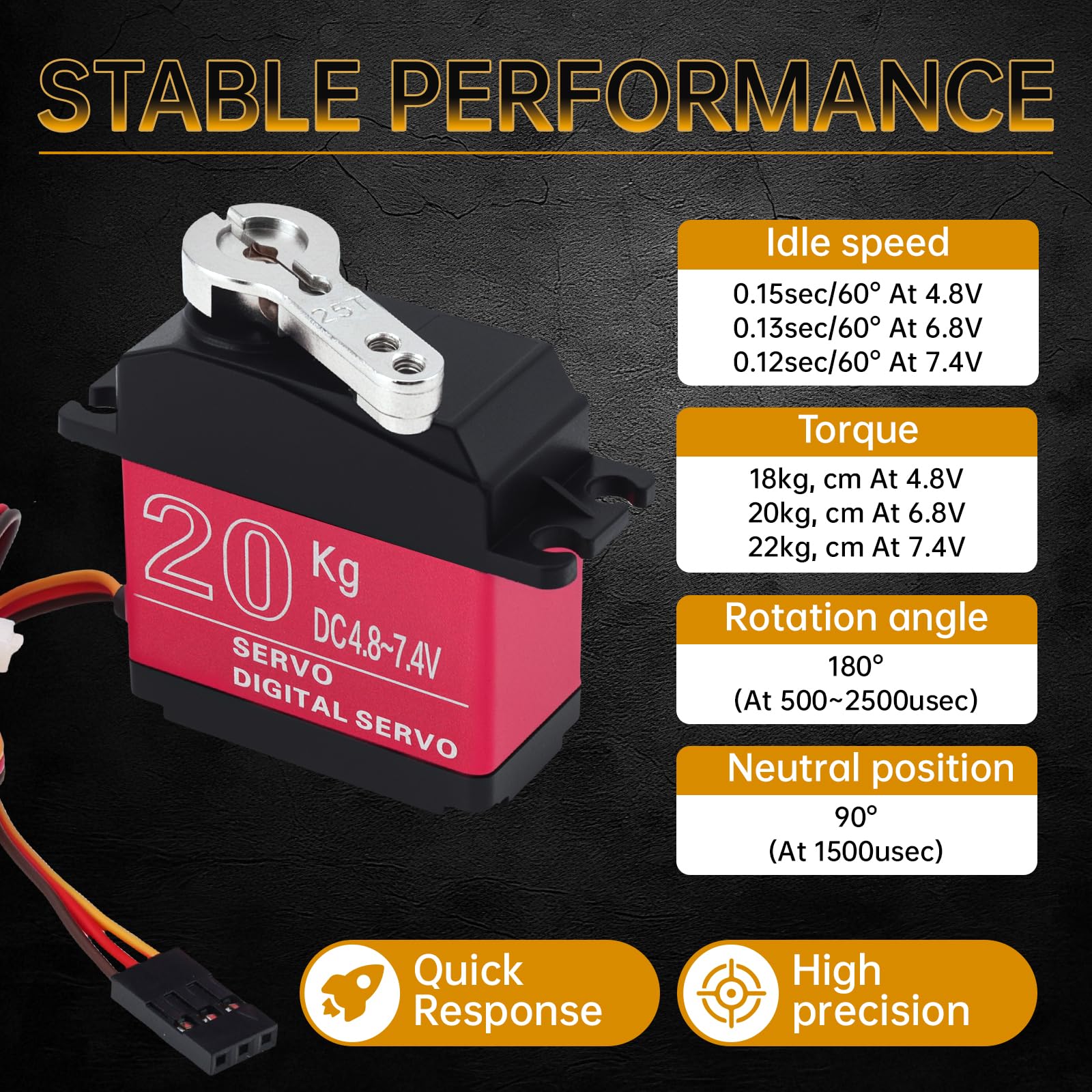 Paquete de 2 servomotores RC de 20 kg de alto par, servo de dirección de engranajes de metal completo con bocina servo de 25T para robot de coche RC de 1/8 1/10, ángulo de control de 180°