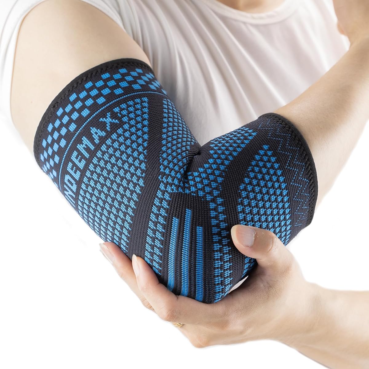 Manga de compresión de codo de cobre 1 par, codera de tenis para hombres y mujeres, coderas para artritis, tendinitis, bursitis, esguinces, alivio del dolor en las articulaciones, levantamiento de pesas (azul-negro, pequeño)