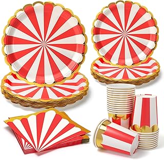 96pcs Carnival Paper Plates Circus Party Plates and Napkins Cups Disposable Tableware Set for 24 Guest Baby Shower Wedding Tea Kid Birthday Party Supplies Decorations - Red and White Stripe