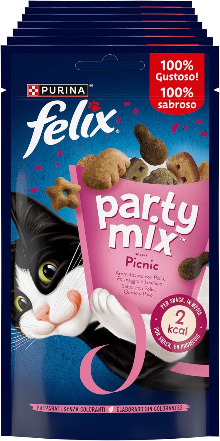 FELIX Party Mix Snack per Gatti Adulti con Pollo, Formaggio e Tacchino 8 Confezioni da 60g