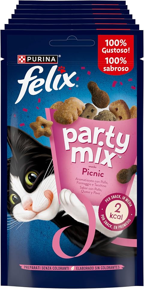FELIX Party Mix Snack per Gatti Adulti con Pollo, Formaggio e Tacchino 8 Confezioni da 60g