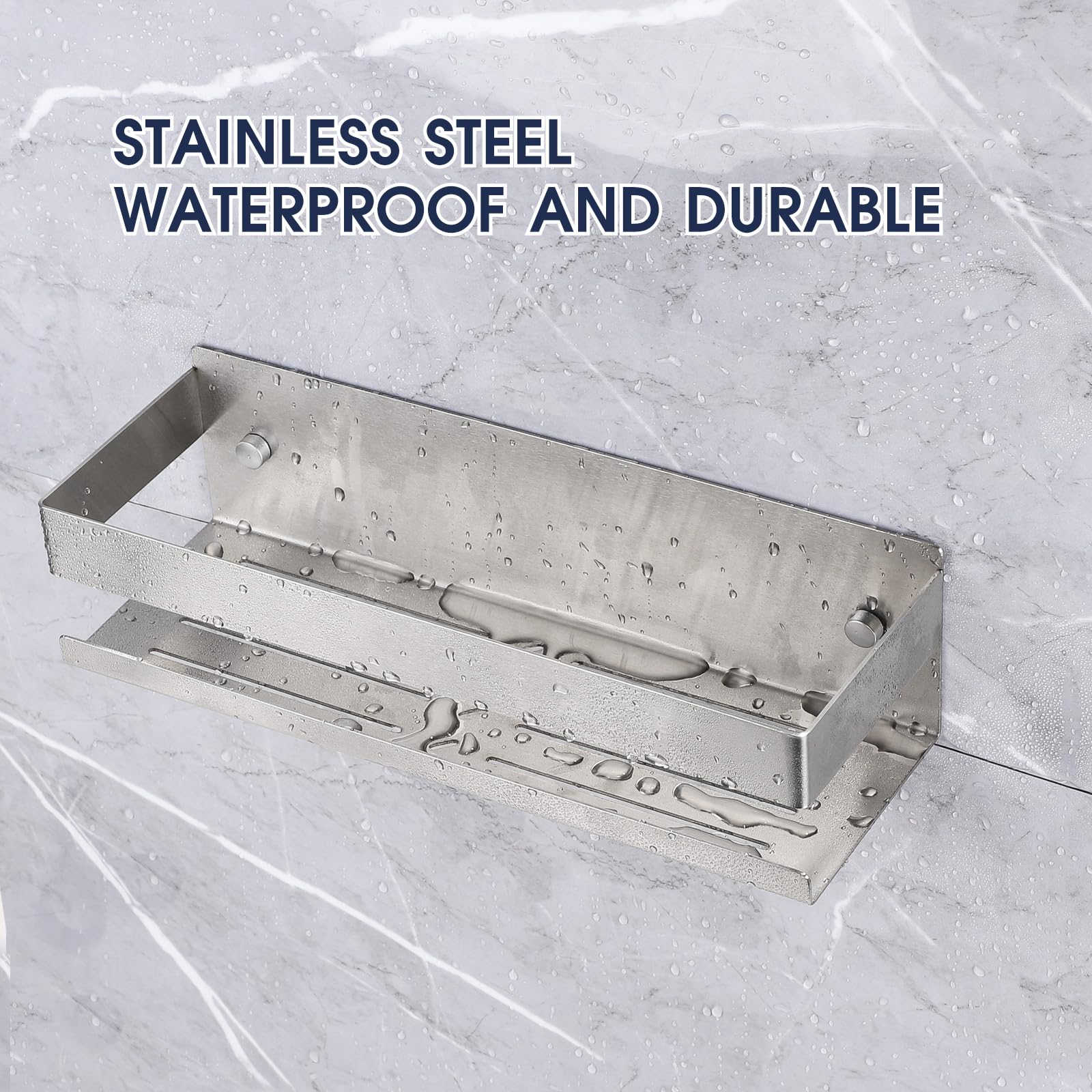EXLECO Mensola Doccia Senza Foratura 30 CM Acciaio Inox Cromo Spazzolato con 2 Ganci Mobili Porta Shampoo