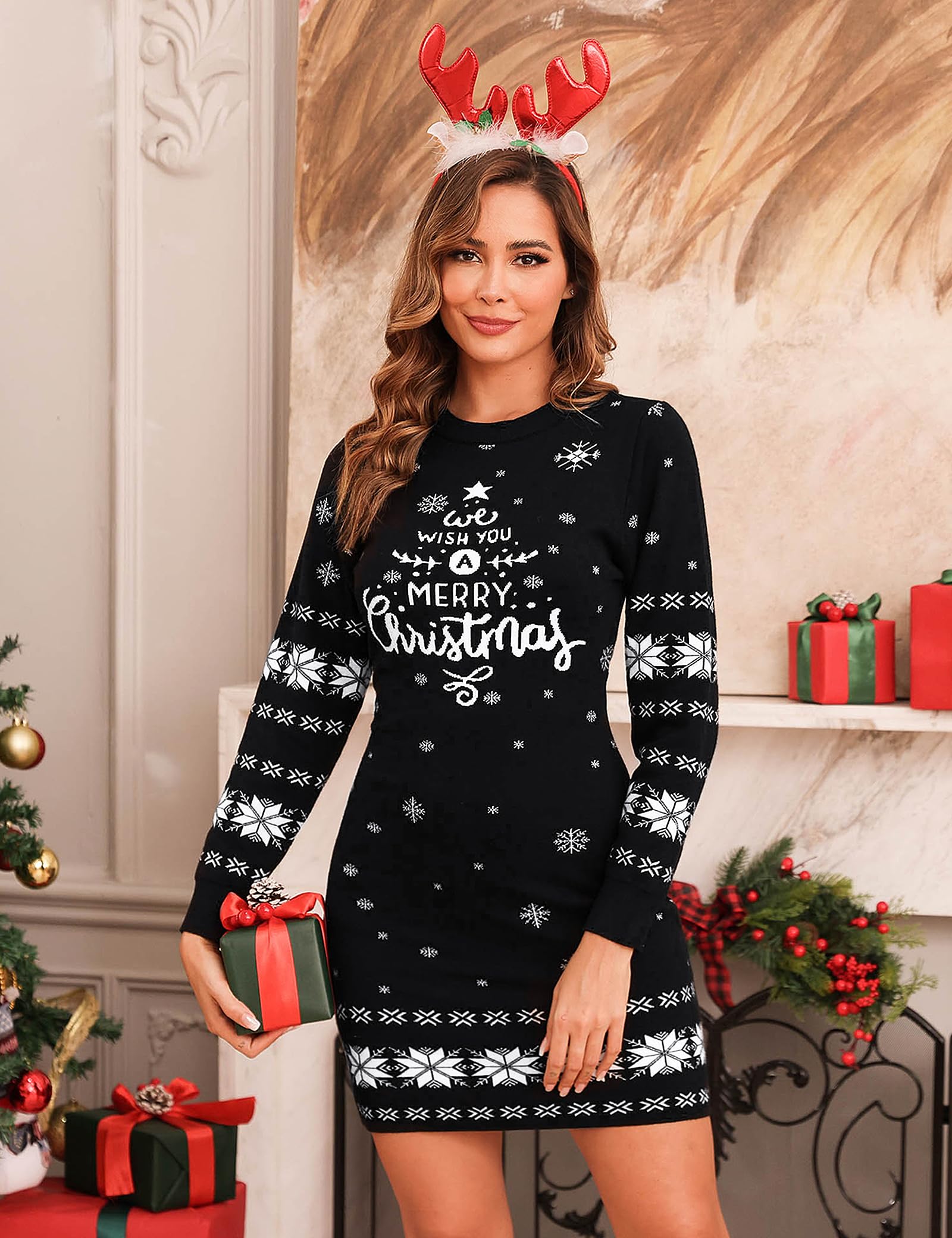 Gyabnw Vestito Natale Donna Lavorato a Maglia da Donna Girocollo in Maglione Abito Invernale Manica Lunga Aderente Mini Abito Elegante Maglione Lavorato a Maglia Abito Casual XS-XXL