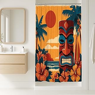 Tropical Tiki Shower Curtain, Sunset Orange Blue Floral Ocean Decor, Summer Beach Style Vibrant Fabric Bathroom Set with Hooks 36x72 Inch