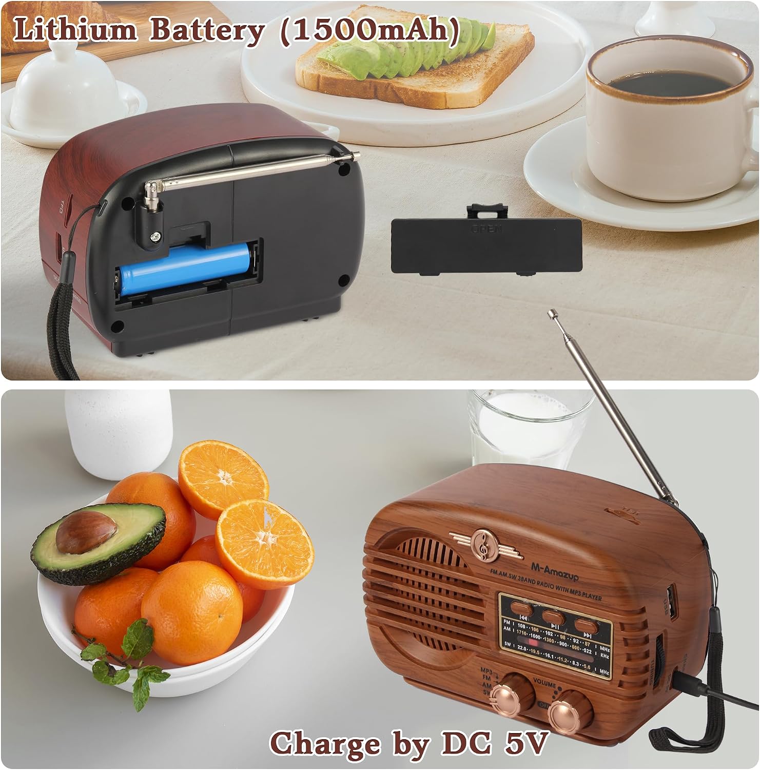 Radios Portable AM FM SW, Retro Radio with Speaker, Transistor Radio Bluetooth 5.3, Rechargeable Battery Powered, TWS, Support TF Card/MP3/USB Playing, Gifts for Senior, Light Wood