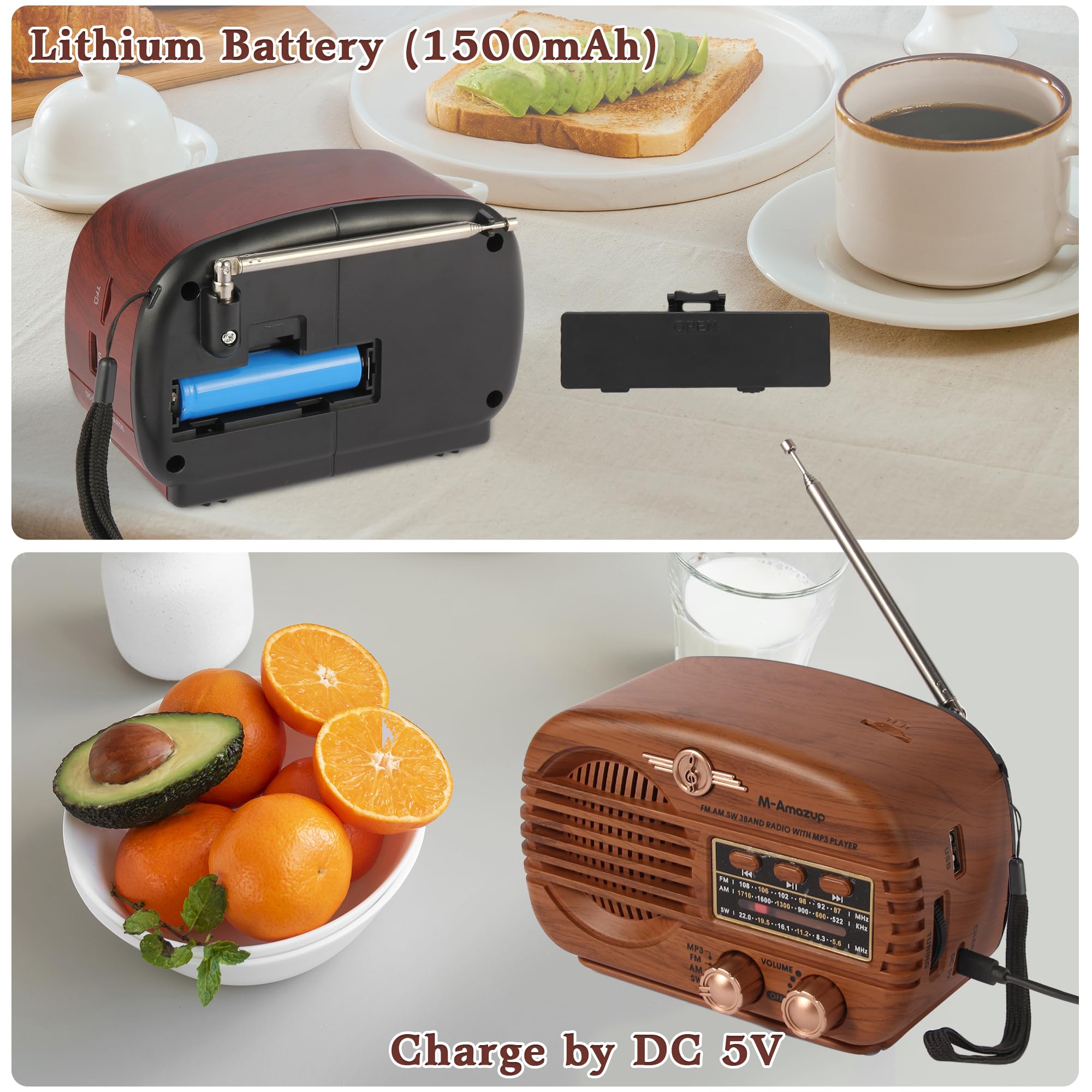 Radios portables AM FM SW, radio rétro avec haut-parleur, radio transistor Bluetooth 5.3, alimentée par batterie rechargeable, TWS, prend en charge carte TF/MP3/USB, cadeaux pour seniors