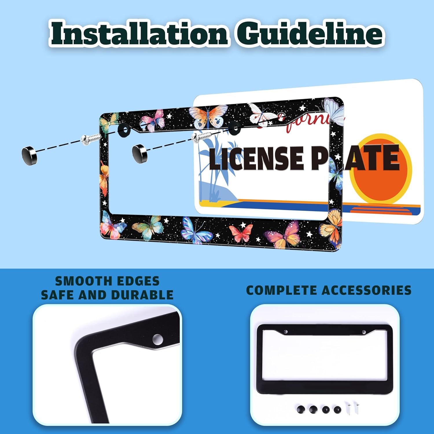 Beautiful Colorful Butterfly License Plate Frame 2 Pack Funny Watercolor License Plate Holder for Front or Rear Car Tags Stainless Steel Car Decoration with Screws 6.3 X 12.2 Inch