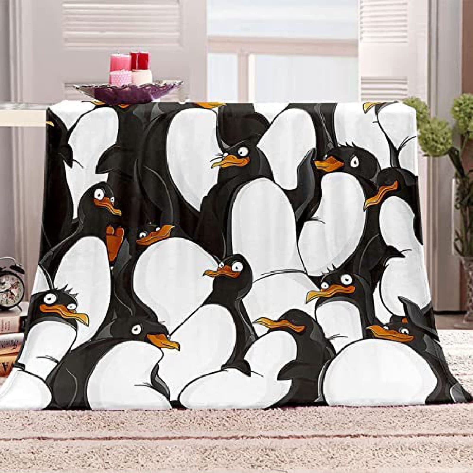 Mantas Manta Polar Pingüino,Manta Borreguito Extra Suave para Sofá Sillón Y Viaje-130X150Cm