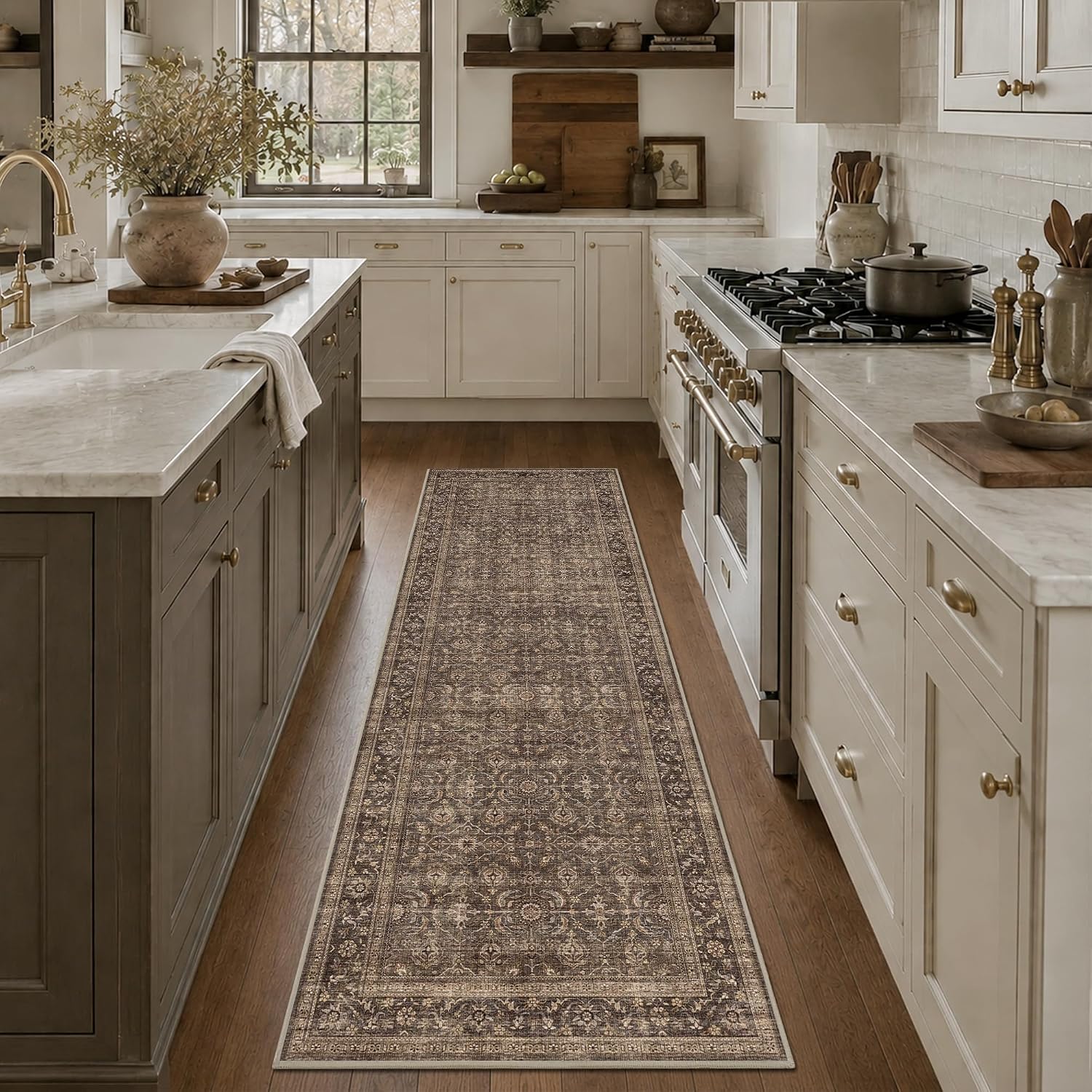 JOOJA 2'6"x8' Brown Vintage Boho Runner Rug Washable Non Slip Hallway Rug | Rubber Backing, Soft Low Pile, Indoor Use for Kitchen, Entryway And Hallway, Vintage Home Floor Decor, Extra Wide Runner