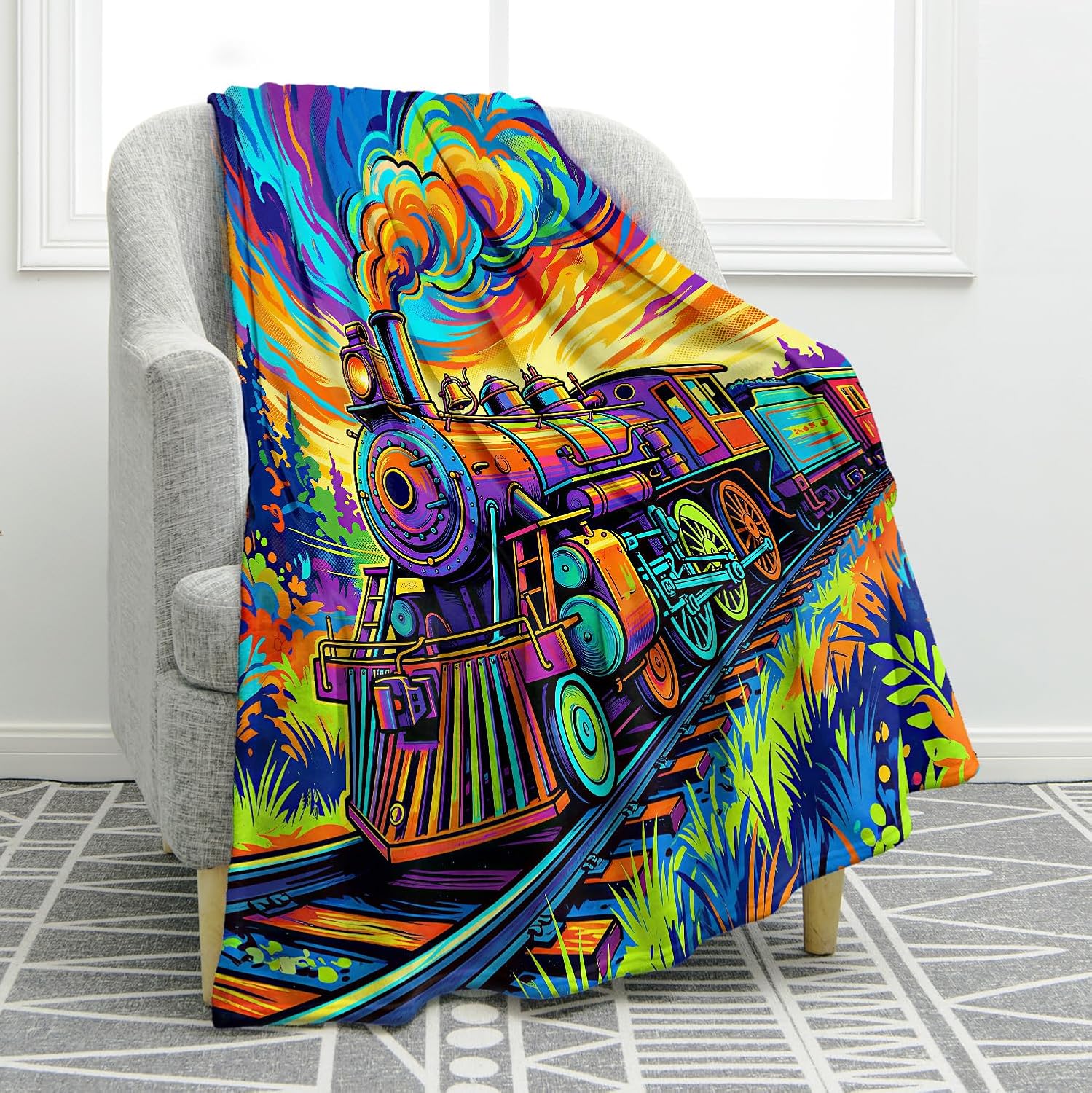 Jekeno Train Blanket 50x60 Inch Trippy Steam Train Psychedelic Locomotive Art Soft Plush Flannel Gift for Train Lovers Men Kids for Bed Sofa Couch Office