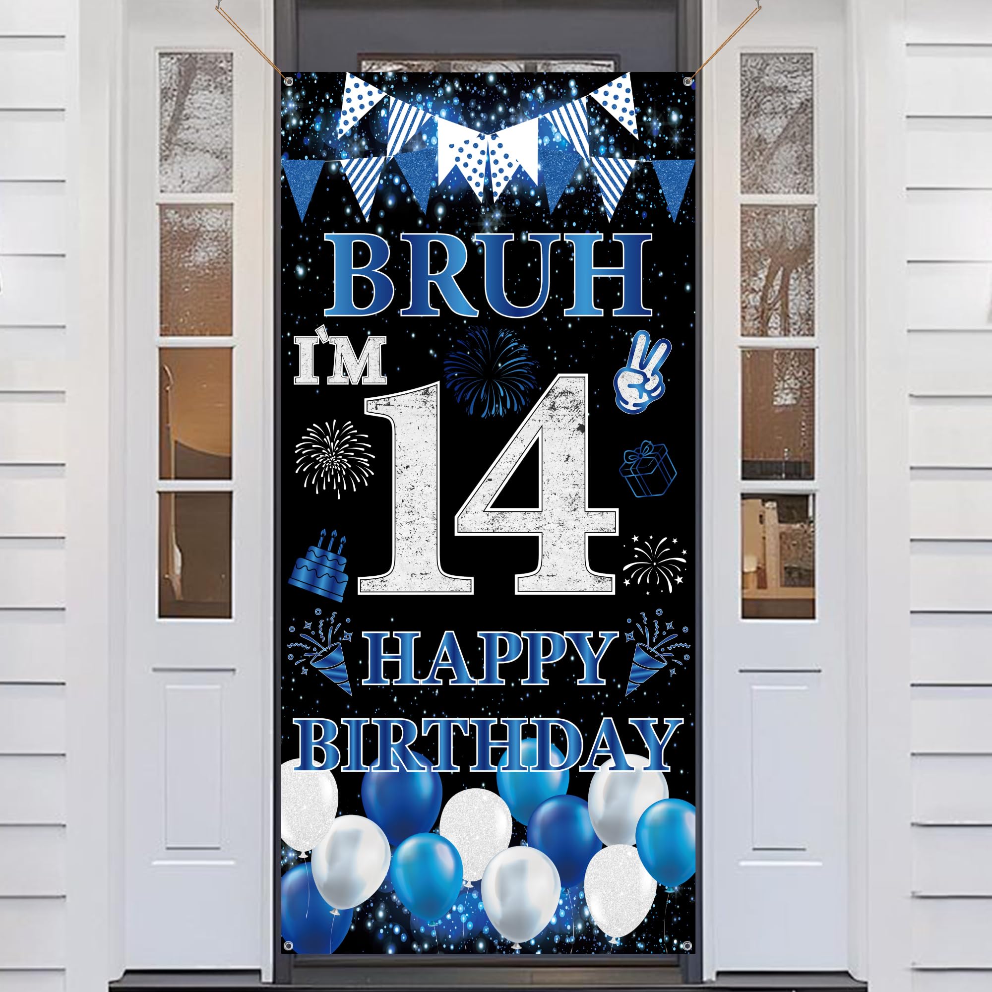 14th Birthday Decorations Banner Boys - Blue Bruh I'm 14 Happy Bday Door Banners Backdrop Porch Sign Party Supplies Photo Background for Teen Fourteen Year Old Outdoor Indoor Decor 185x90 cm