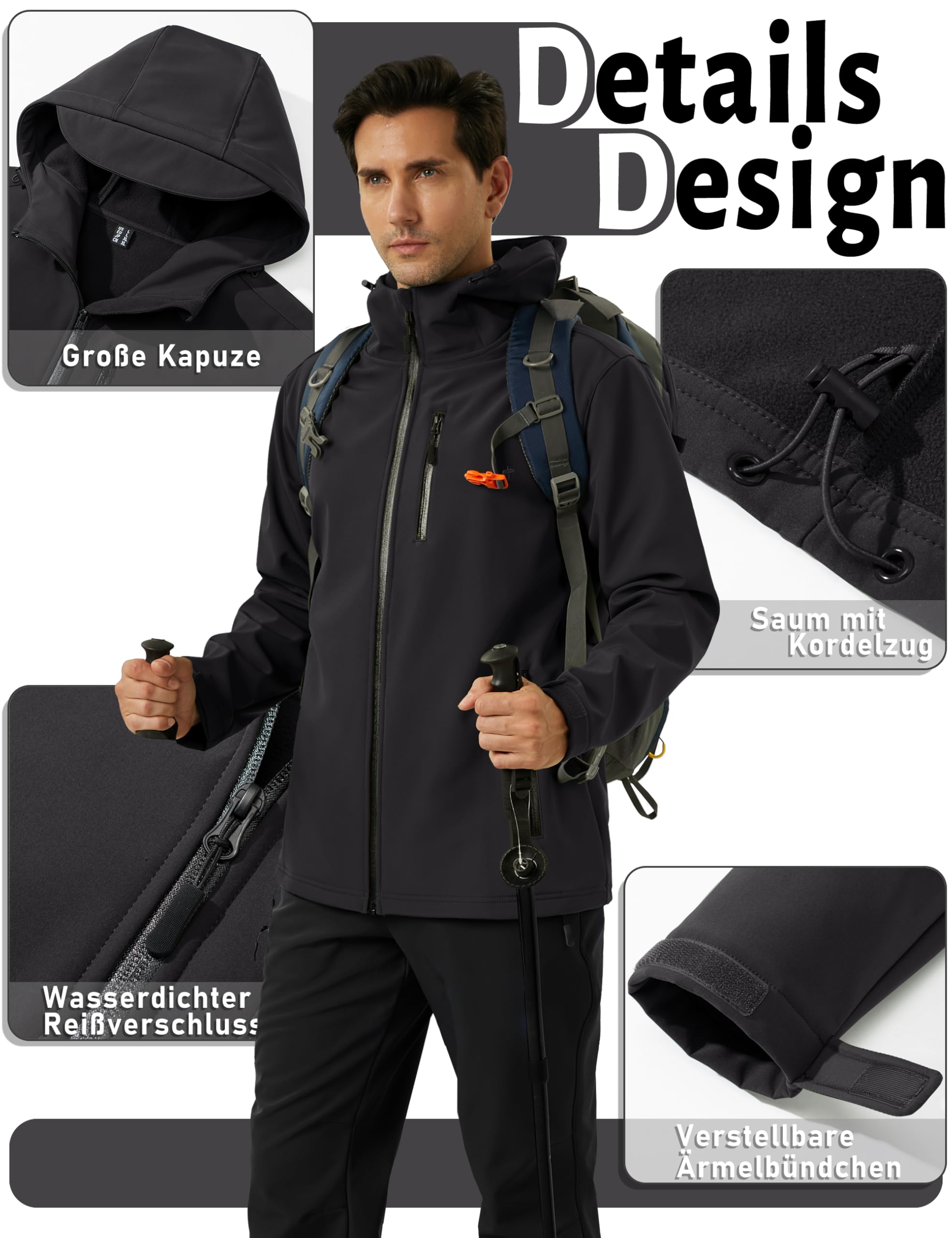 TACVASEN Veste softshell imperméable pour homme - Veste d'extérieur doublée en polaire - Veste de randonnée coupe-vent respirante - Avec capuche - Pour le travail, le vélo
