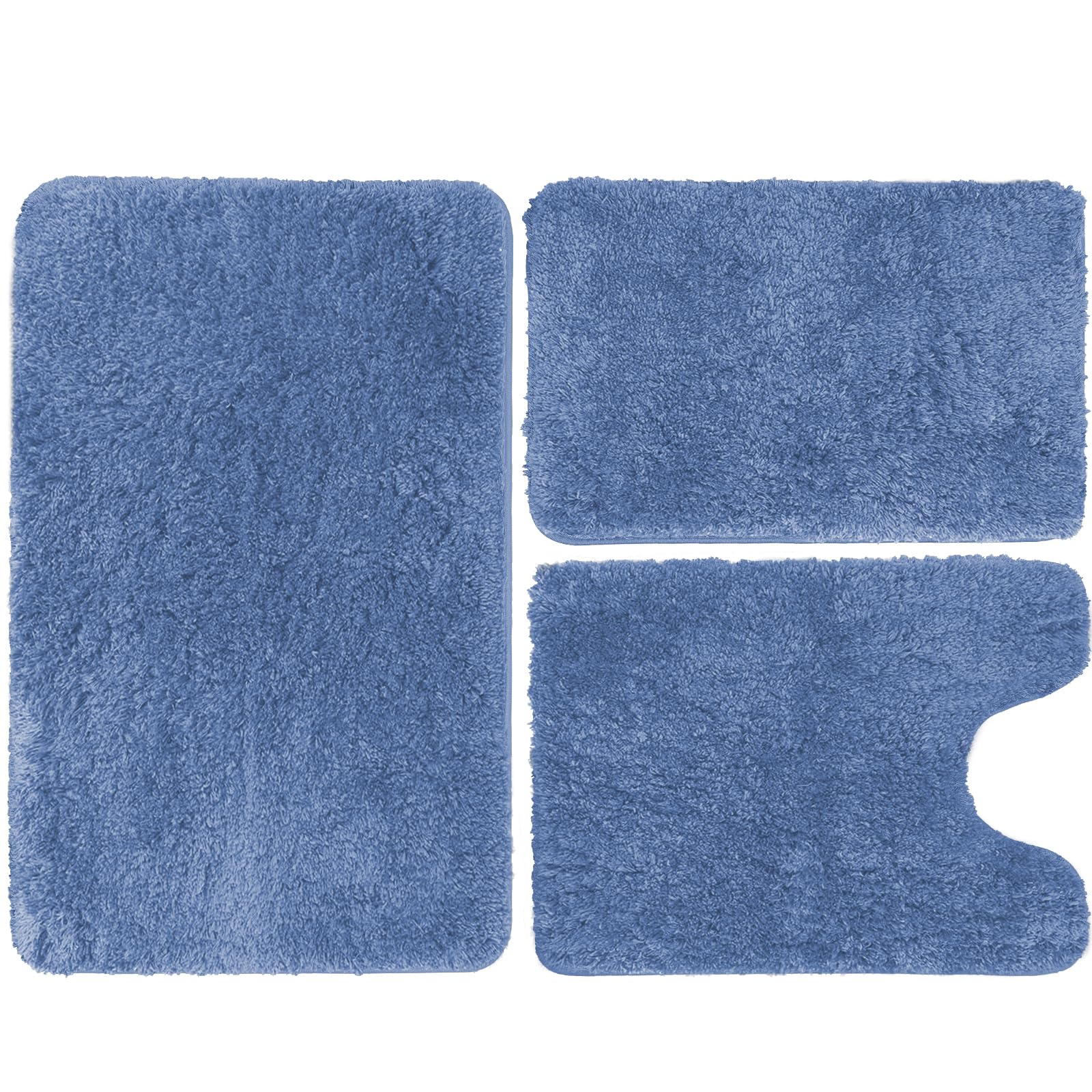 Non-slip Bath Mat for Bathroom, Extra Soft and Absorbent Bathroom Rugs Set 3 Piece, Water Absorbent Microfiber Shaggy, Machine Washable Thick Plush Bath Mats for Bathroom Floor, Tub and Shower, Blue