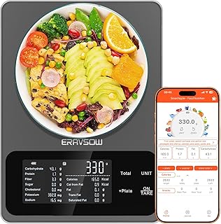 Smart Food Kitchen Scale with Nutritional Calculator, 30 Nutrients App for Tracking Calories, Fat, Carbs & Protein, Personal Goals and Daily Reports, On-Screen Nutrient Info, 22lb/10Kg