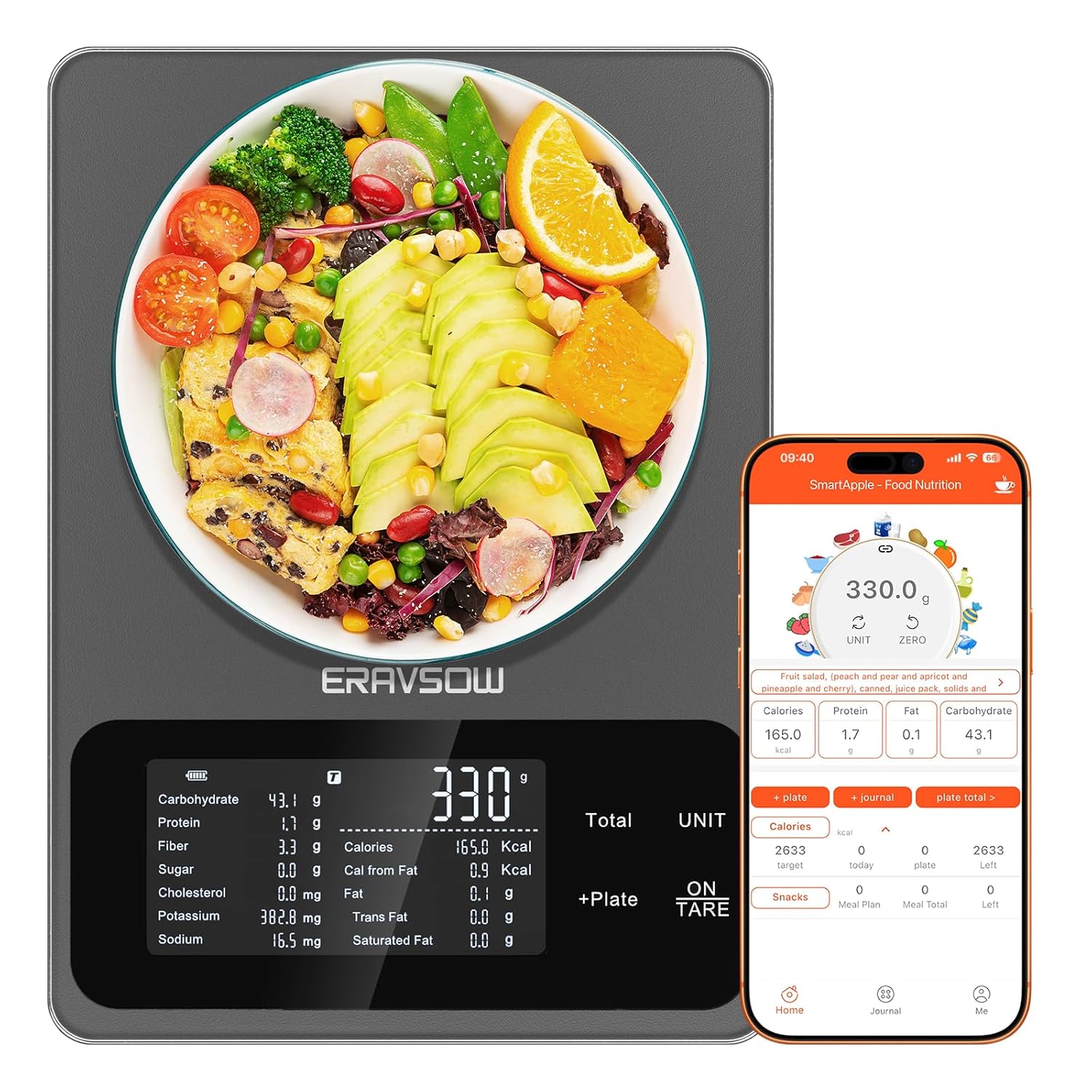 Smart Food Kitchen Scale with Nutritional Calculator, 30 Nutrients App for Tracking Calories, Fat, Carbs & Protein, Personal Goals and Daily Reports, On-Screen Nutrient Info, 22lb/10Kg