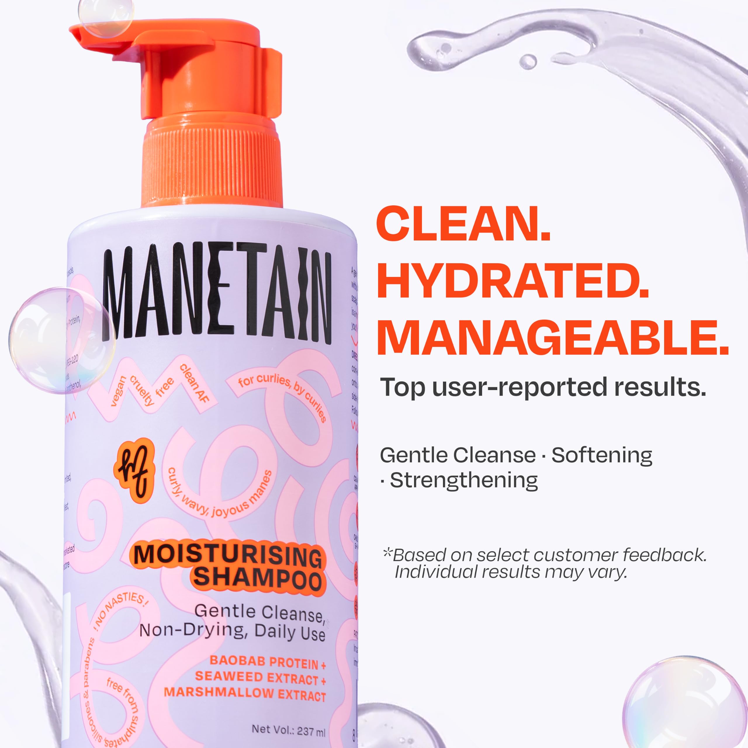 MANETAIN Moisturising Shampoo 237ml for Curly, Dry & Frizzy Hair | Sulphate & Paraben Free | Hydrates & Strengthens with Baobab Protein, Seaweed & Marshmallow Extract | CG-Friendly, Gentle Cleanser for Soft, Defined Curls product image 7