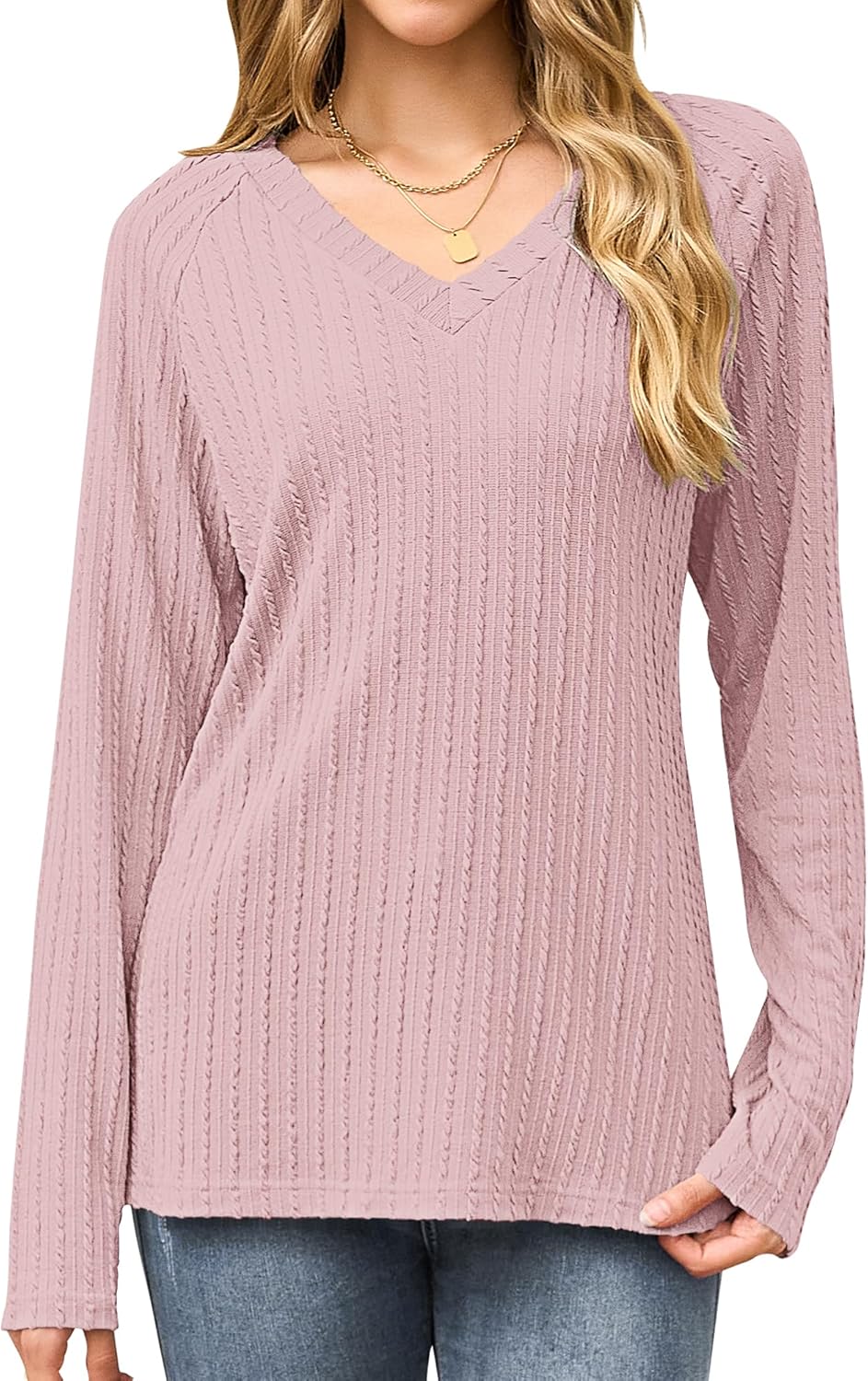 AUSELILY Womens Long Sleeve shirts Casual V Neck Lightweight Pullover Tops 2025 New - Image 3