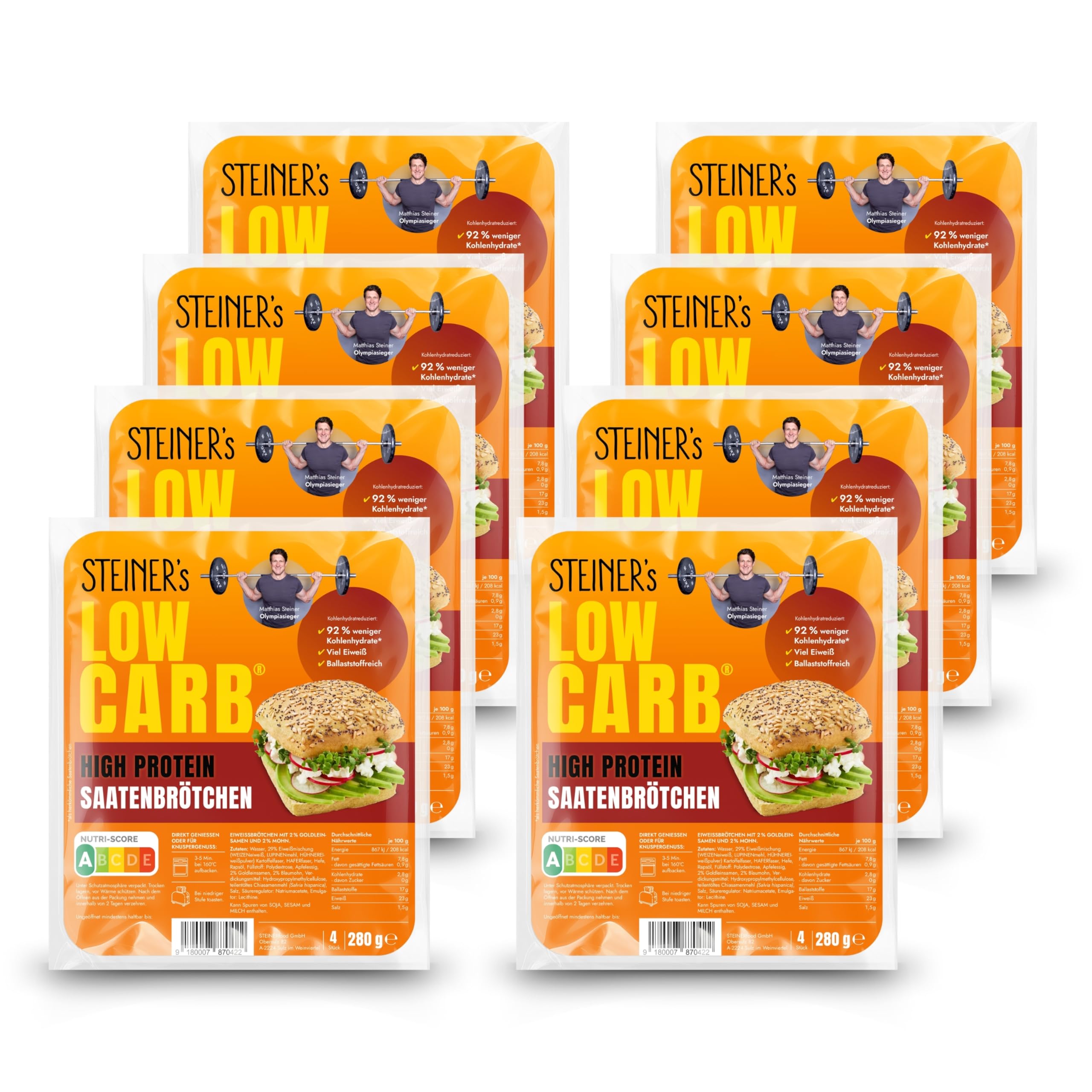 STEINER´s Low Carb High Protein Saatenbrötchen | 92% weniger Kohlenhydrate | high protein | nur 2,8g Kohlenhydrate | 23g Eiweiß (8er Pack, 32 Stk.)
