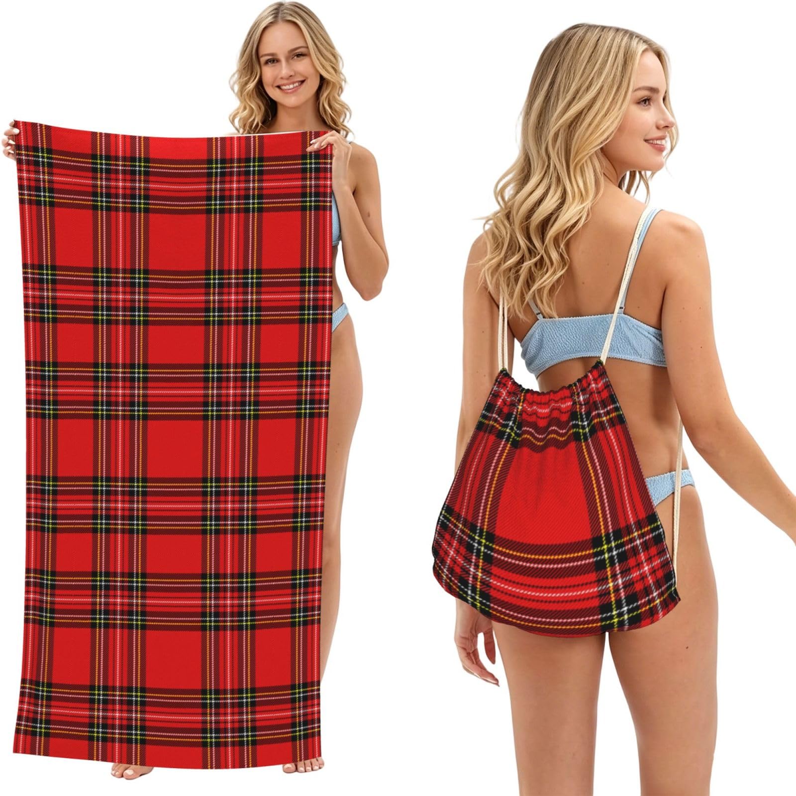 Poadnly As Picture Christmas New Year Tartan Plaid Scottish, 2 In 1 Packable Towel Bag, Beach Towels With Drawstring Backpack For Travel Holiday Camping