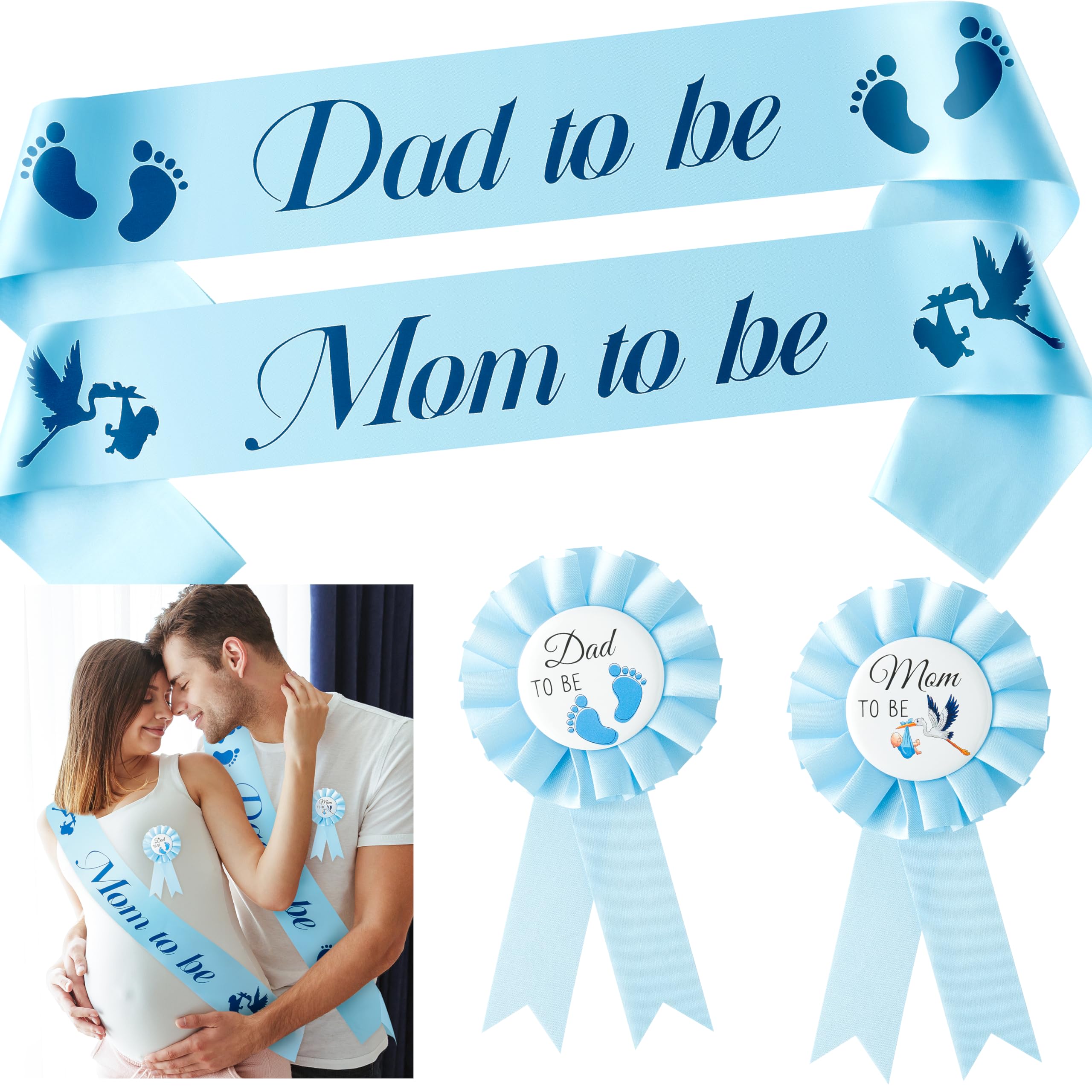 4Pcs Stork Maternity Sash Set Blue Stork Mom to Be & Dad to Be Sash Kit with Corsage Pin Stork Theme Pregnancy Sash Keepsake for Boy and Girl Baby Shower Gender Reveal Party Photo Prop Gift