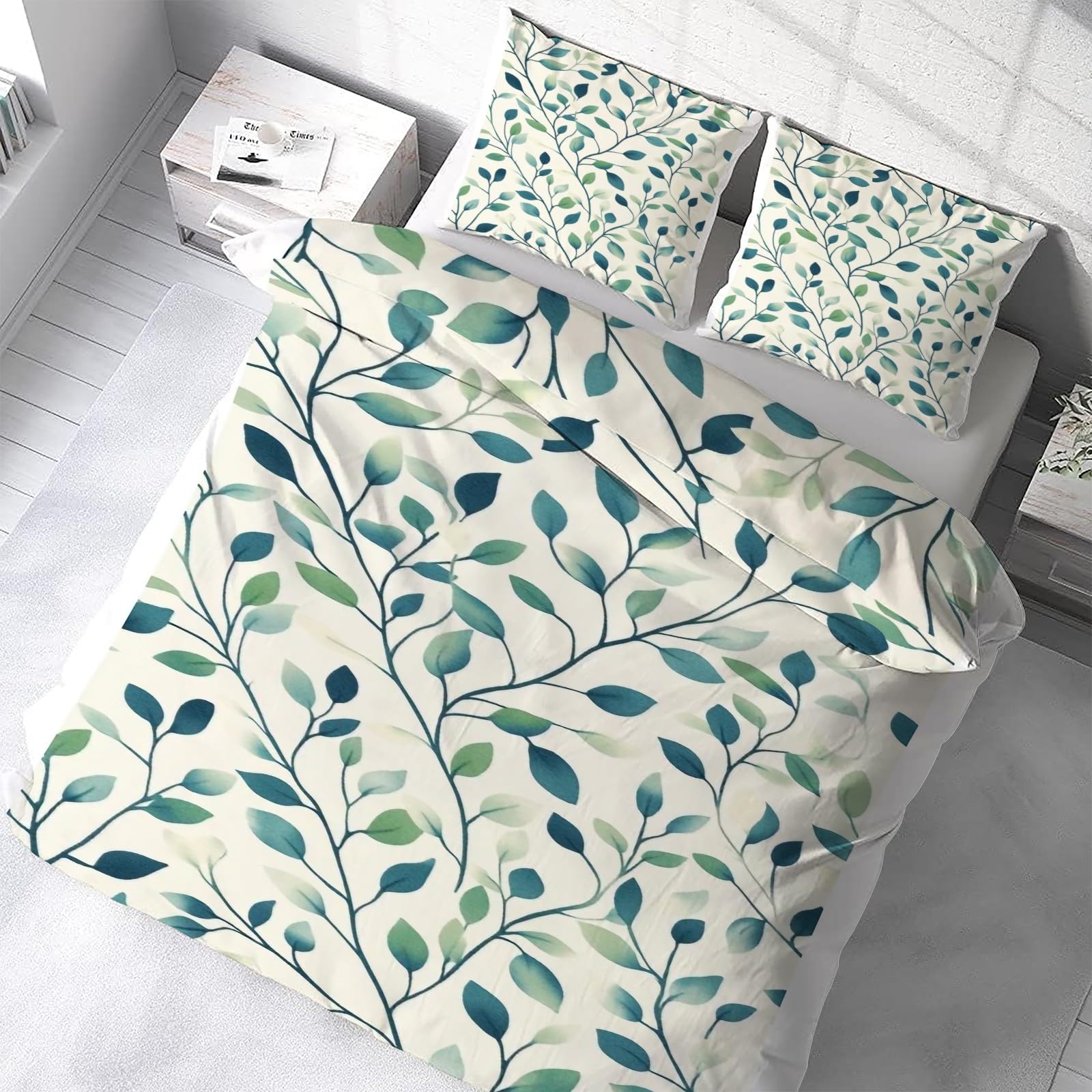 Housse de couette 220x240 cm imprimé feuille verte avec ses 2 taies d'oreiller 65x65 cm