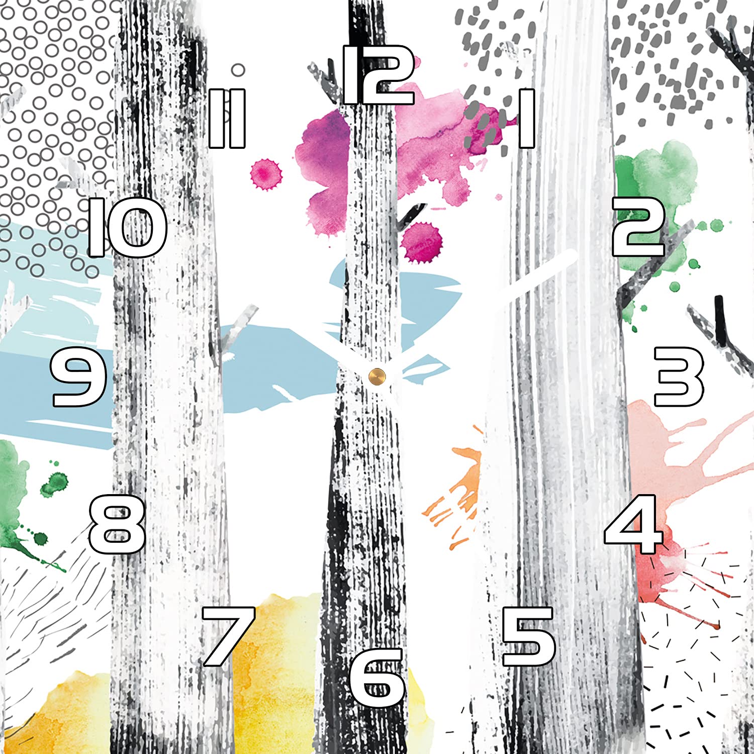 Horloge en verre 30x30 cm Coloray avec aiguilles noires et motif abstrait d'arbres pour salon