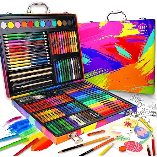 Cokiki 184-Piece Art Kit for Kids Ages 6-12, Ultimate Drawing Set with Oil Pastels, Crayons, Watercolor Cakes & Sketch Pad - Art Supplies Gift Case for Boys Girls (6-8 8-12 Year Old)