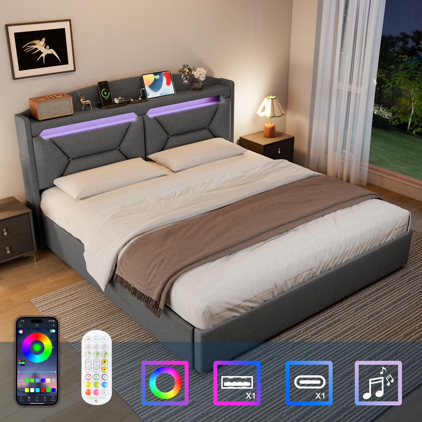 Polsterbett Doppelbett 180x200 cm mit LED, USB C, Hydraulische Bett mit Stauraum und Kopfteil, Stauraumbett Bettgestell mit Metallrahmen Bettkasten und Lattenrost, Leinen, Grau, Ohne Matratze