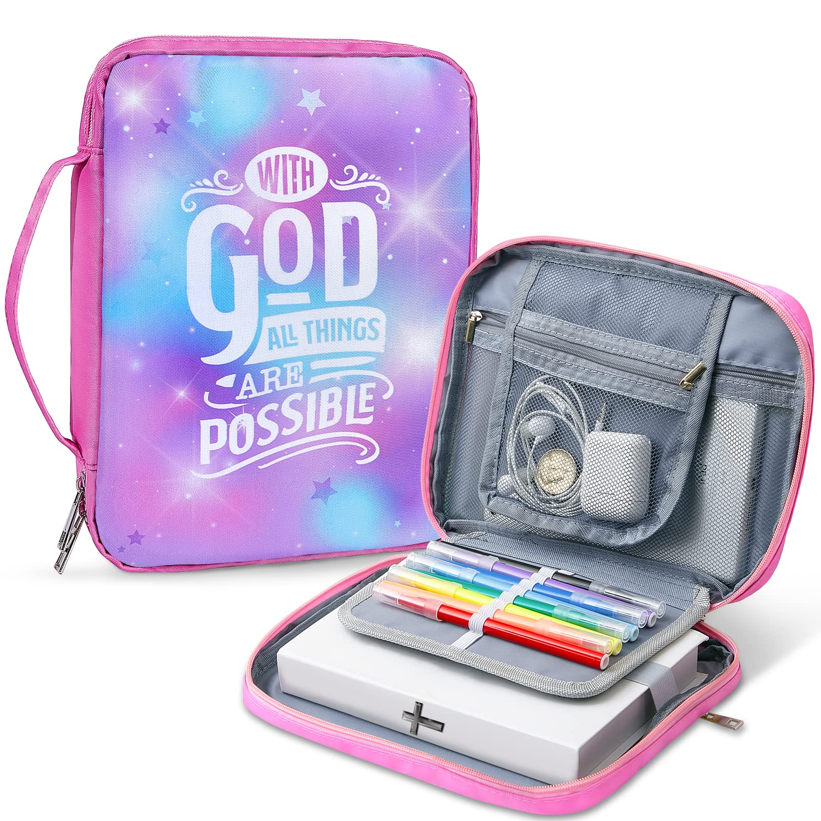 Pink Dino Bible Covers for Women Girls, Large Bible Case with Multiple Zippered Pocket Bible Carrying Bag with Removable Pen Slots for Bible Study,Blue Purple